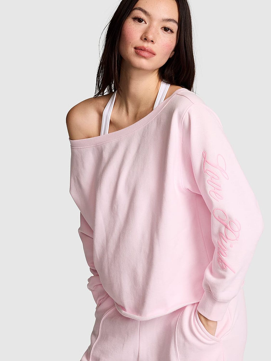 vs Pink Campus Fleece&trade; Rib Off-The-Shoulder Sweatshirt Pink Tulip Spring 1 of 2 