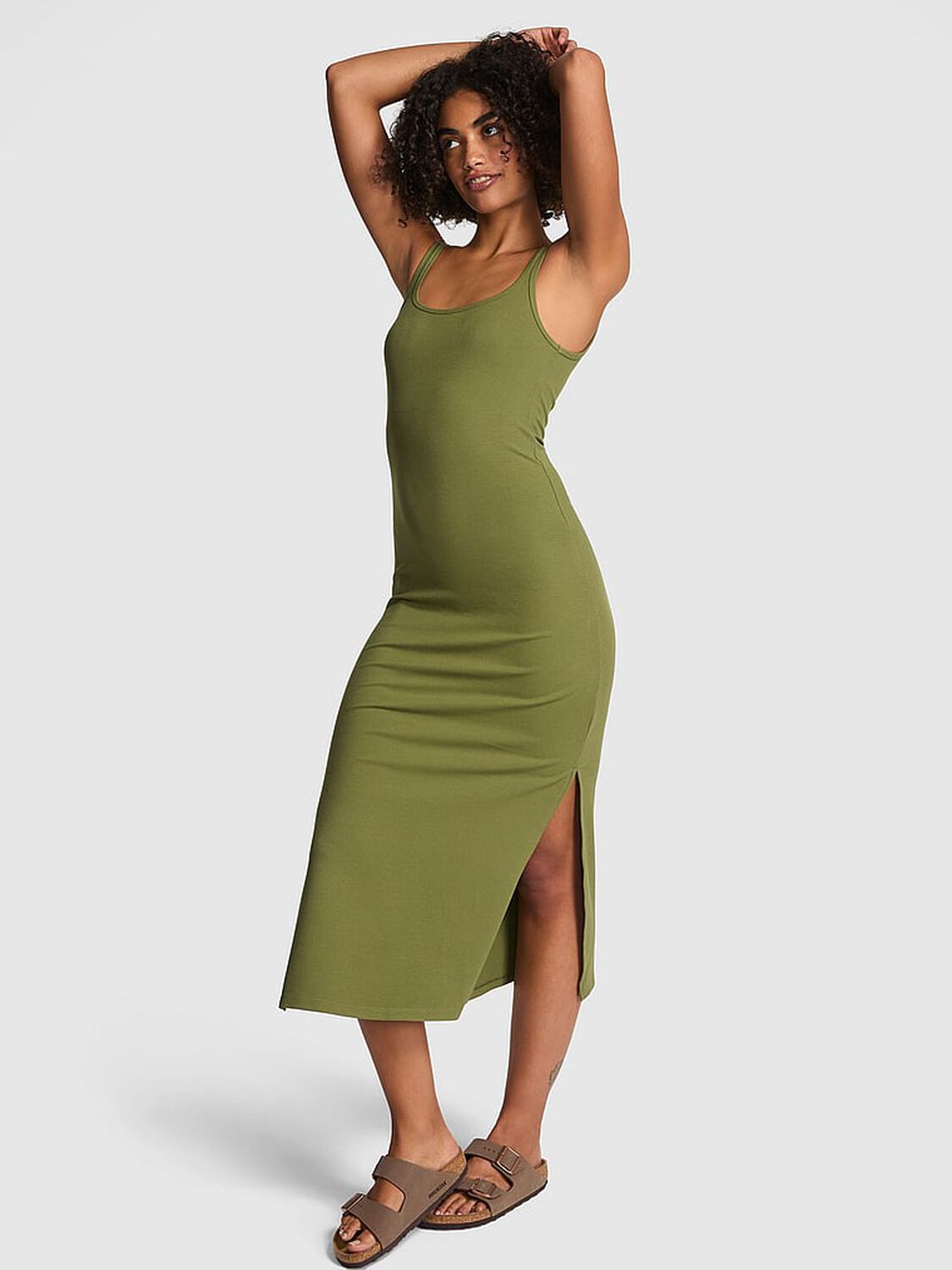 vs Pink All-Day Soft Ribbed Bodycon Midi Dress Olive Shade 1 of 3 