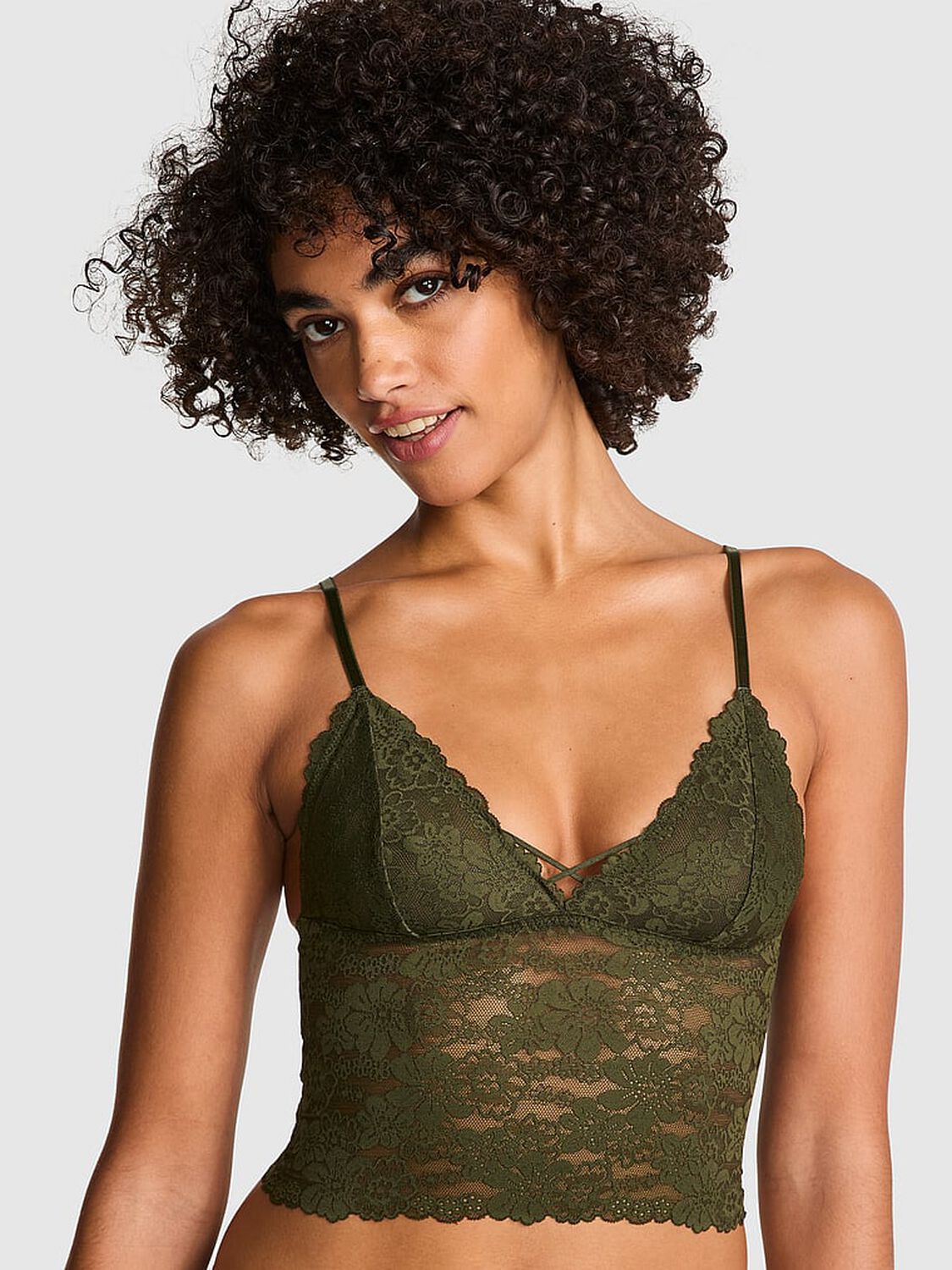 vs Pink Bralettes & Bra Tops Wink Lace Unlined Longline Bralette Olive 1 of 3 