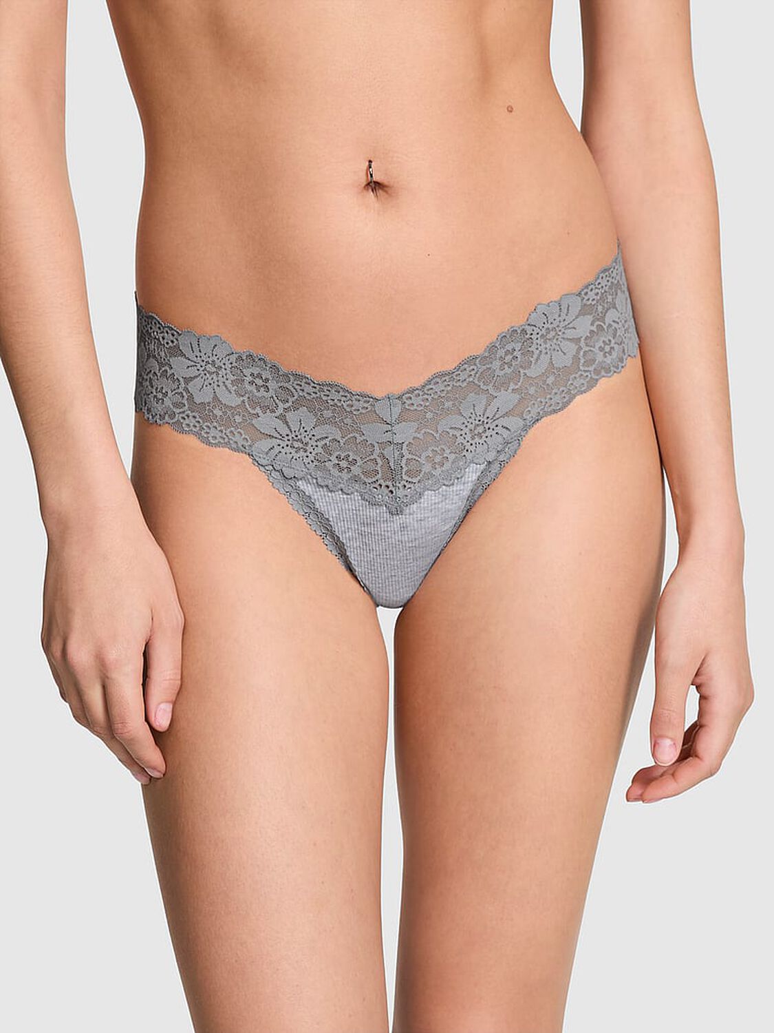 pink Pink Wink Lace-Trim Thong Panty Medium Heather Grey 1 of 4 