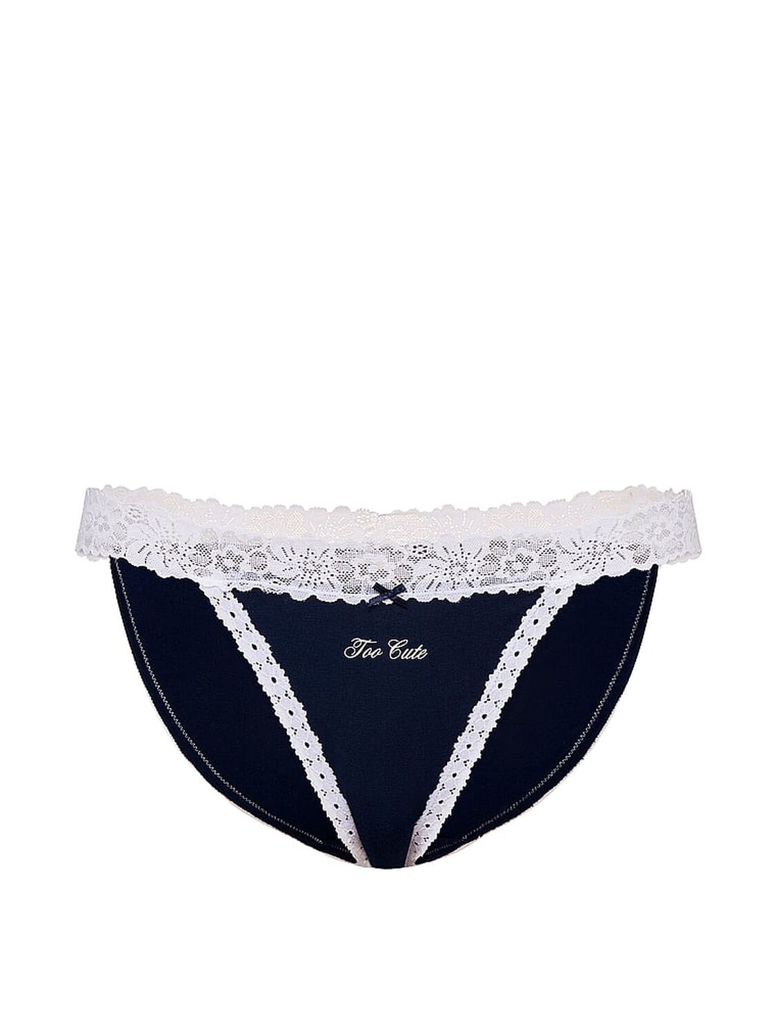 vs Pink Cotton Lace-Trim Bikini Panty Noir Navy With White Lace And Too Cute Graphic 3 of 3 
