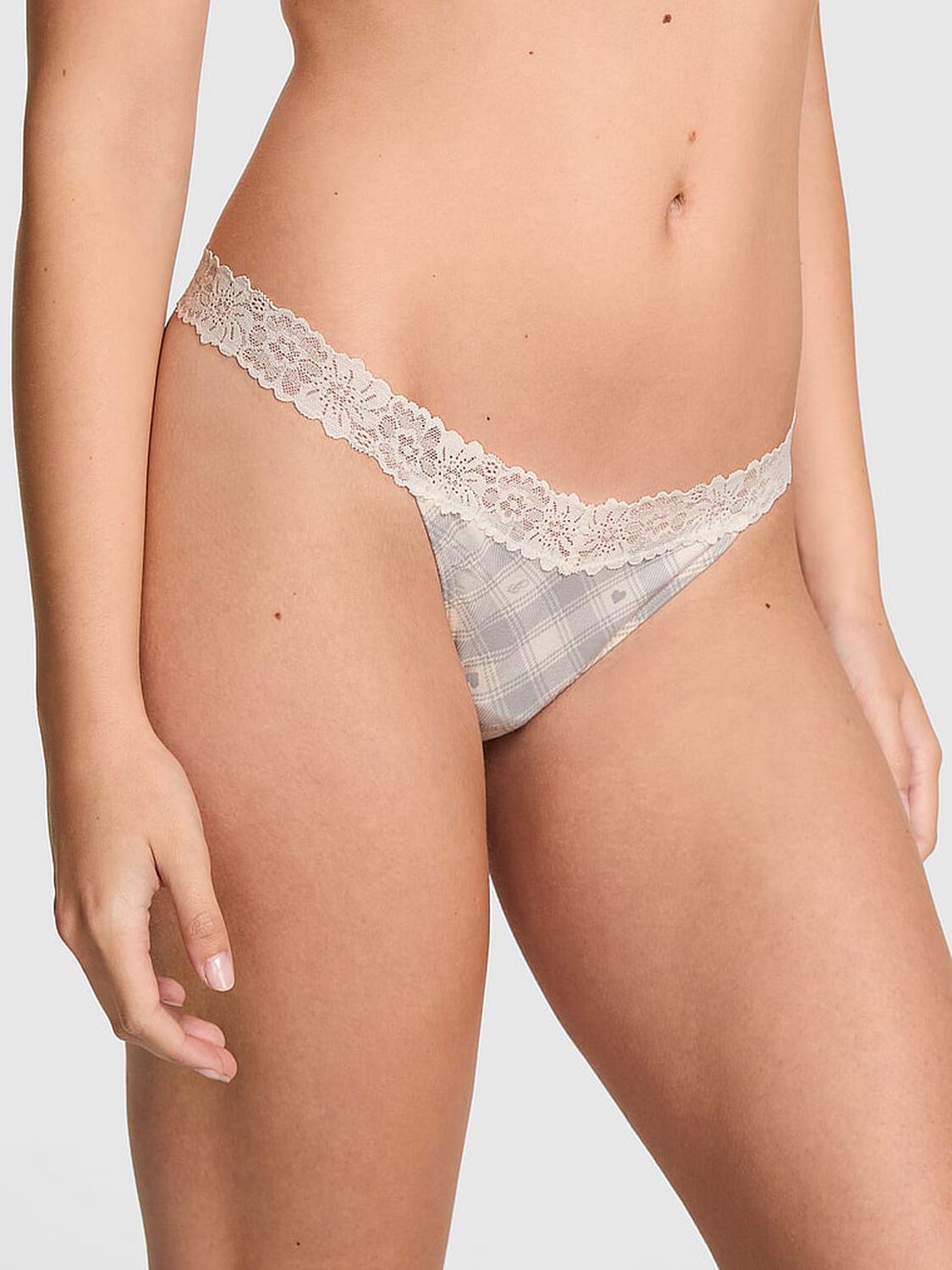 vs Pink Cotton Lace-Trim Thong Panty Winter White Grey Plaid Print With Winter White Lace 1 of 3 