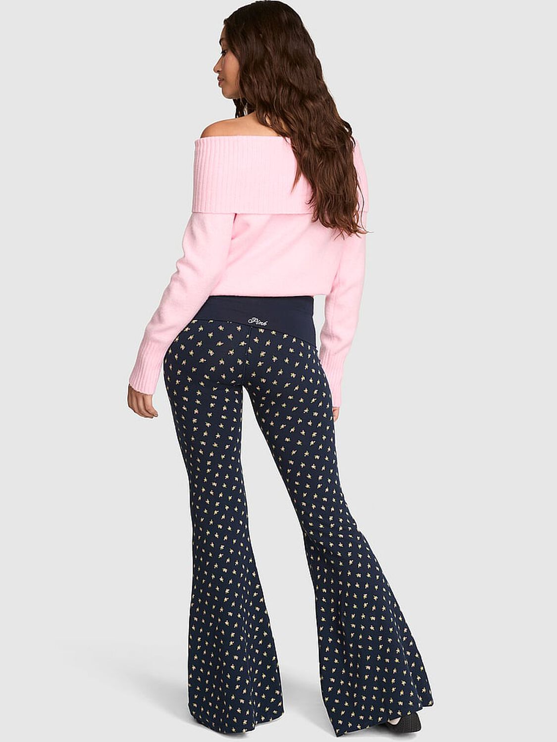 pink Pink All-Day Cotton&trade; Foldover Super Flare Leggings Noir Navy Rose Print With Noir Navy Lace 2 of 3 