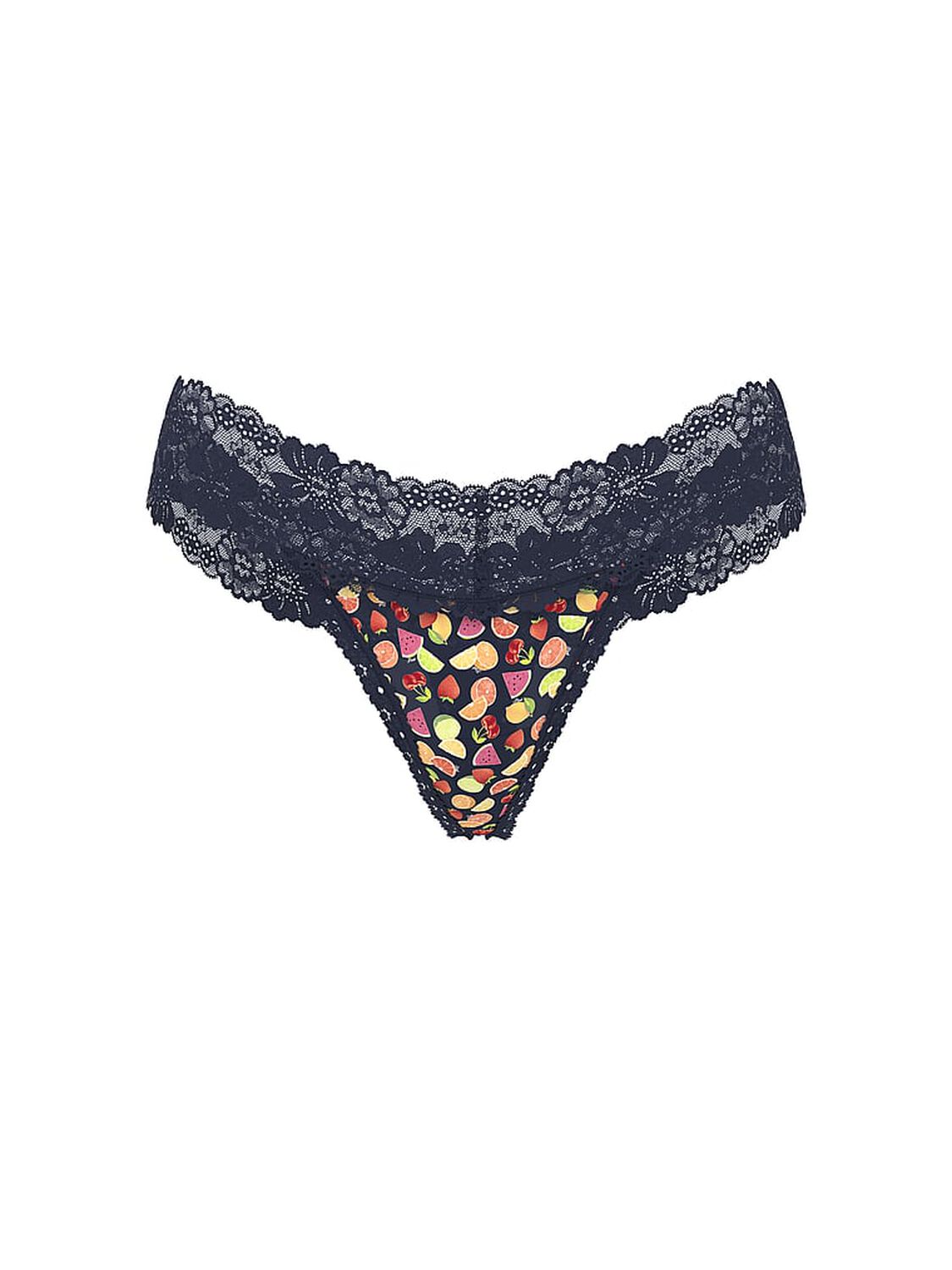 vs Pink Wink Lace-Trim Thong Panty Noir Navy Fruit Print 2 of 3 