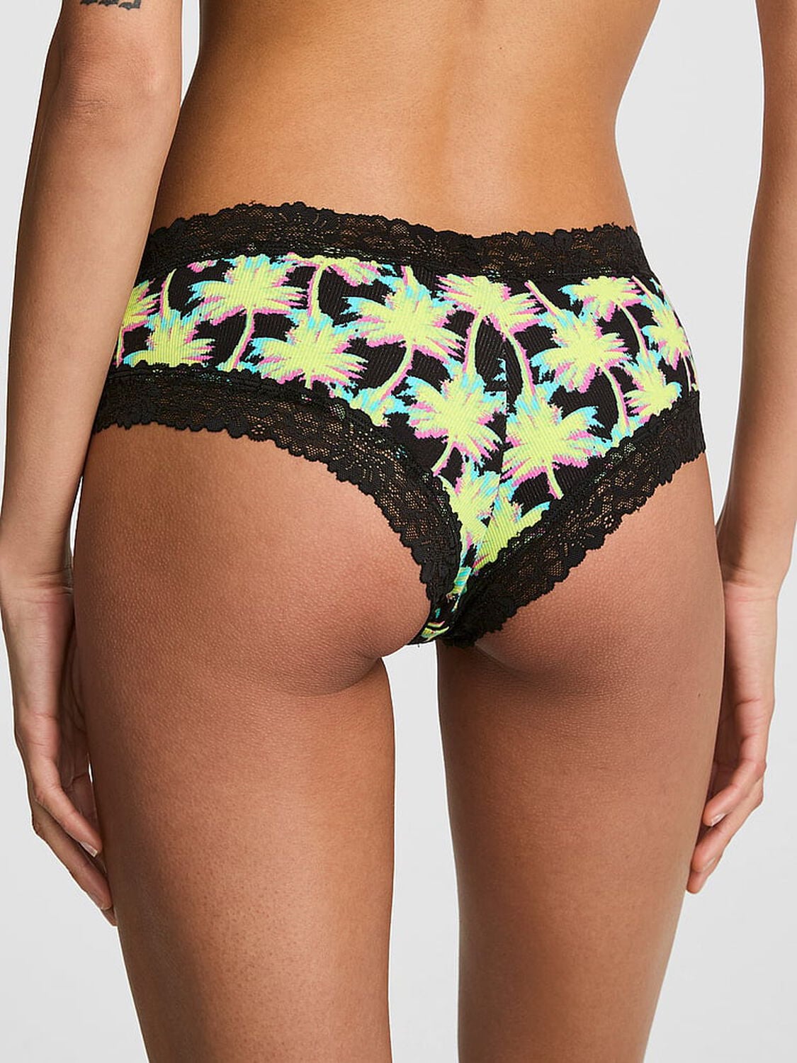 vs Pink PINK Wink&trade; Lace-Trim Cheeky Panty Black Palm Tree Print 2 of 3 