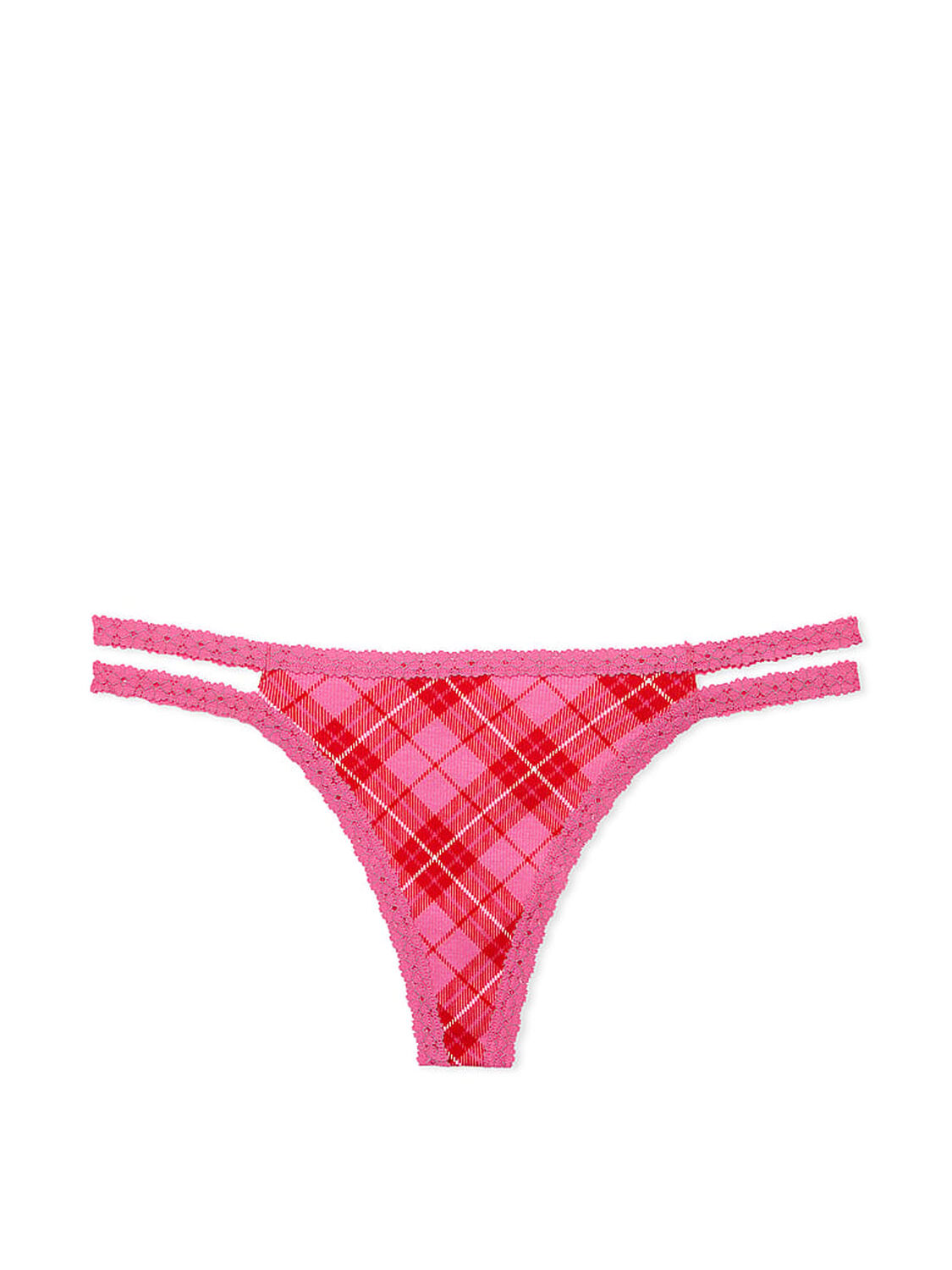 vs Pink WINK Lace-Trim Strappy Thong Panty Pink And Red Plaid Print 3 of 4 