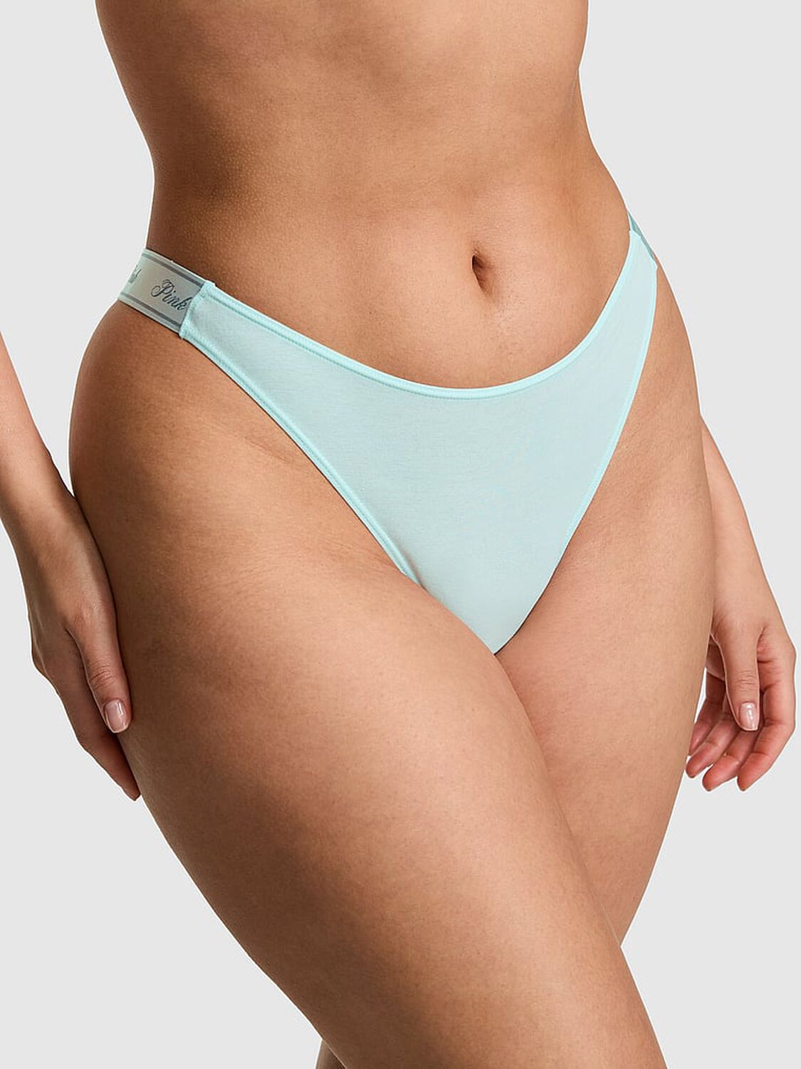 vs Pink Logo Cotton Shine High-Leg Thong Panty Spray Blue 1 of 3 