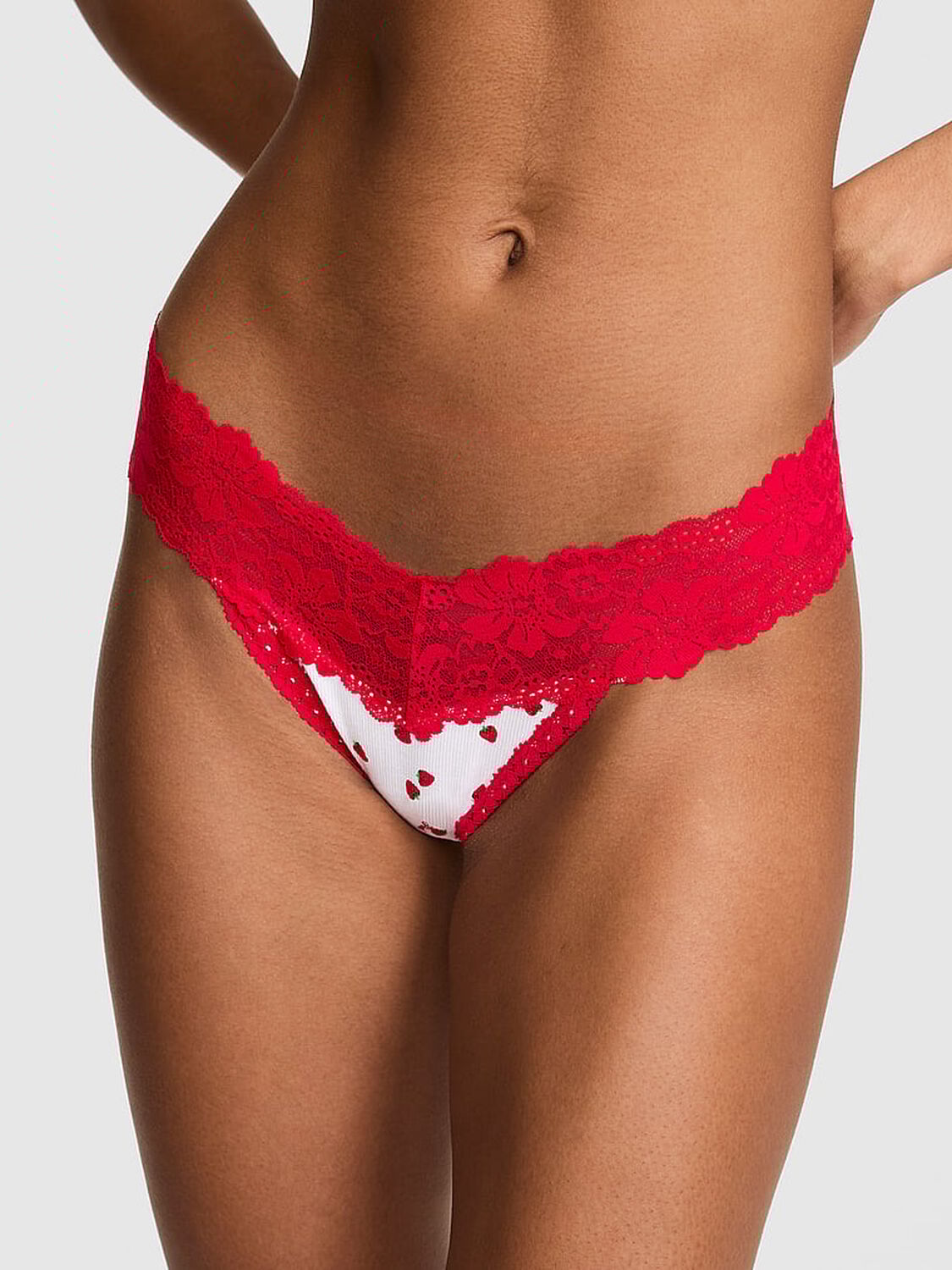 vs Pink PINK Wink&trade; Lace-Trim Thong Panty White Strawberry Print 1 of 3 
