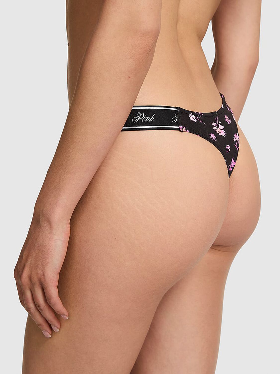 vs Pink Logo Cotton Shine High-Leg Thong Panty Black Floral Ditsy Print 2 of 3 