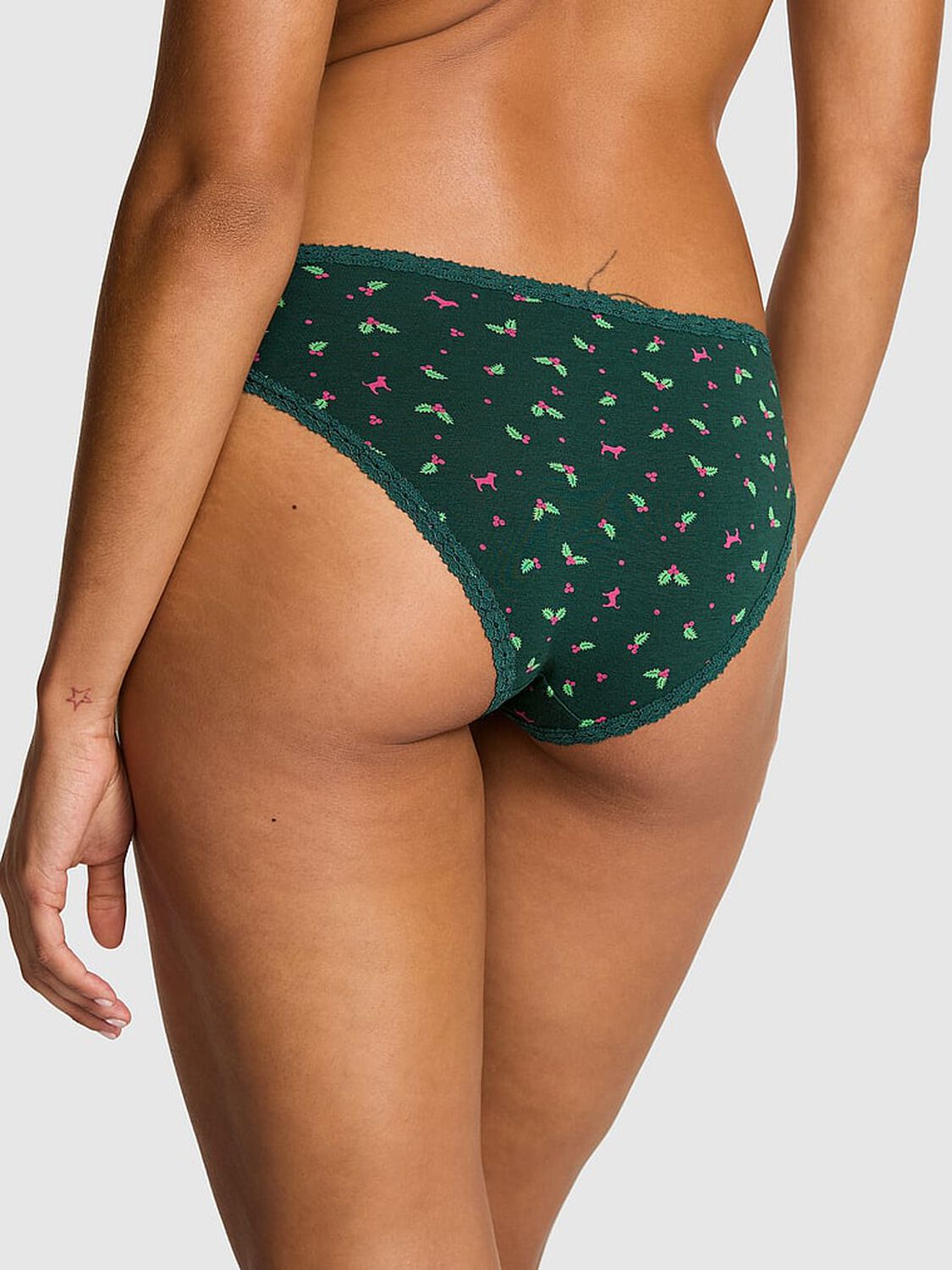 pink Pink Cotton Lace-Trim Low-Rise Cheeky Panty Deep Forest Holly Print With Deep Forest Lace 2 of 4 