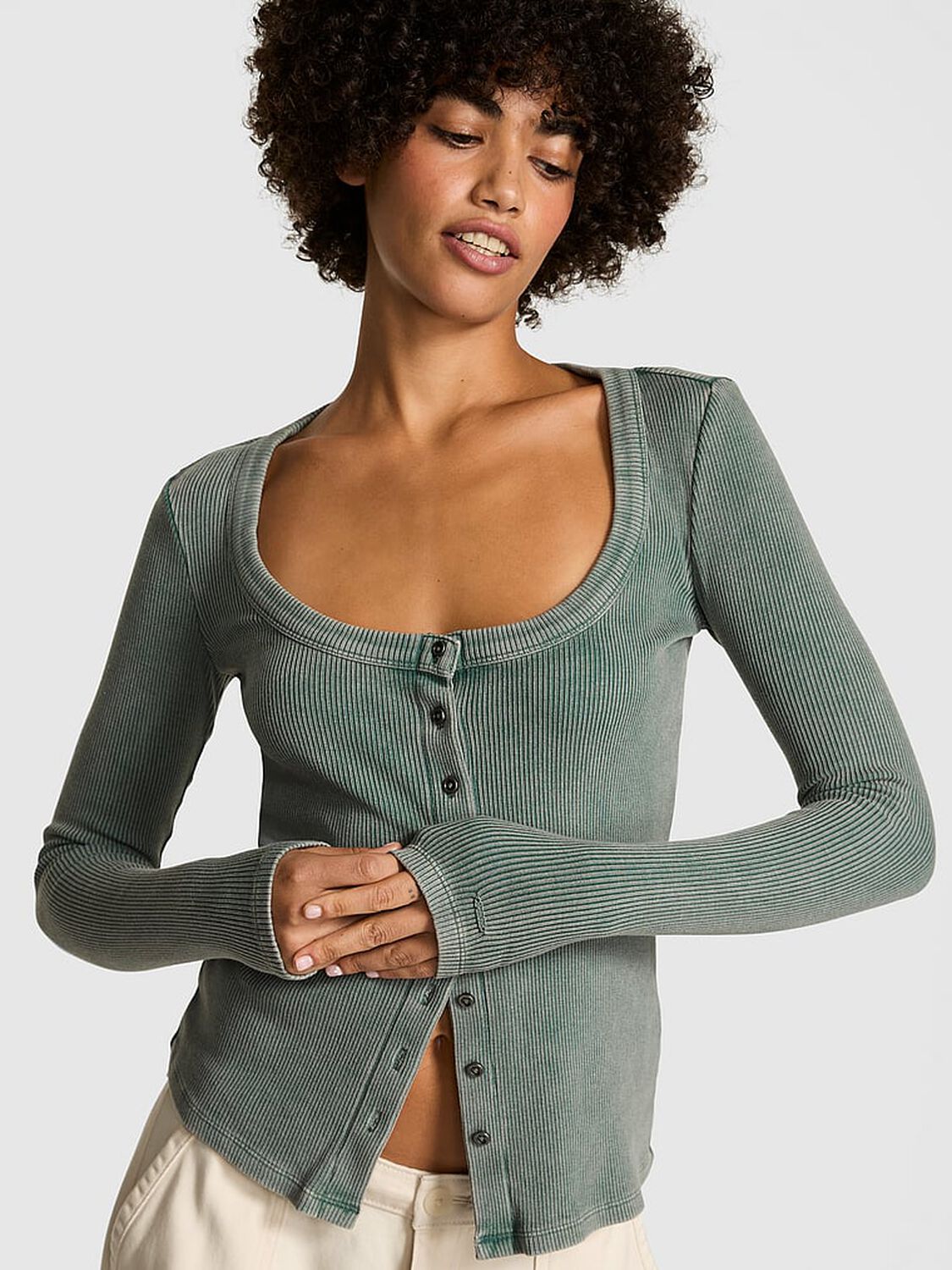 vs Pink Vintage Ribbed Button-Down Long-Sleeve Tee Deep Forest 1 of 3 