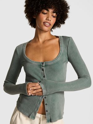 Vintage Ribbed Button-Down Long-Sleeve Tee