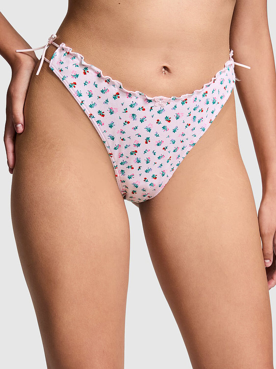 vs Pink Cotton Side-Tie Thong Panty Pink Tulip Floral Print 1 of 3 