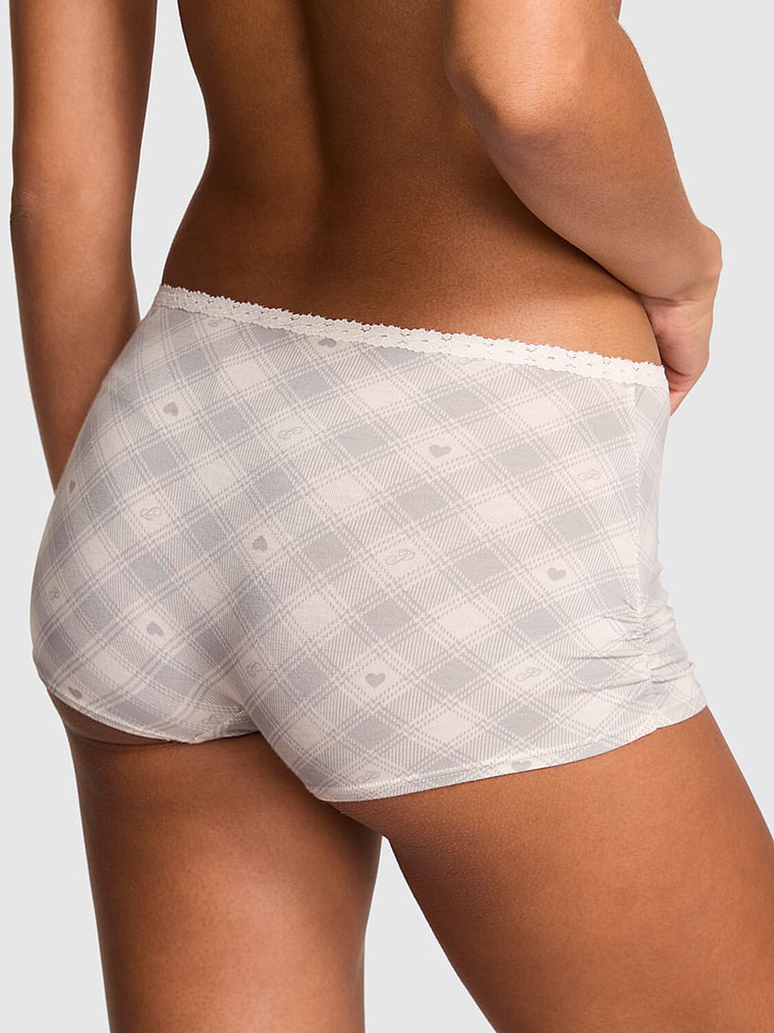 vs Pink Cotton Dorm Boyshort Panty Winter White Grey Plaid Print With Winter White Lace 2 of 3 