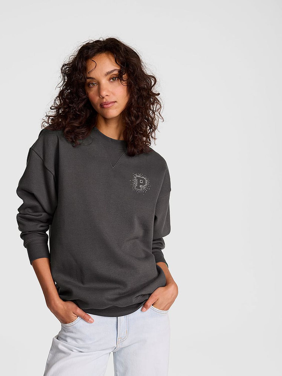 vs Pink Campus Fleece&trade; Oversized Crew Sweatshirt Coal Shine 1 of 4 
