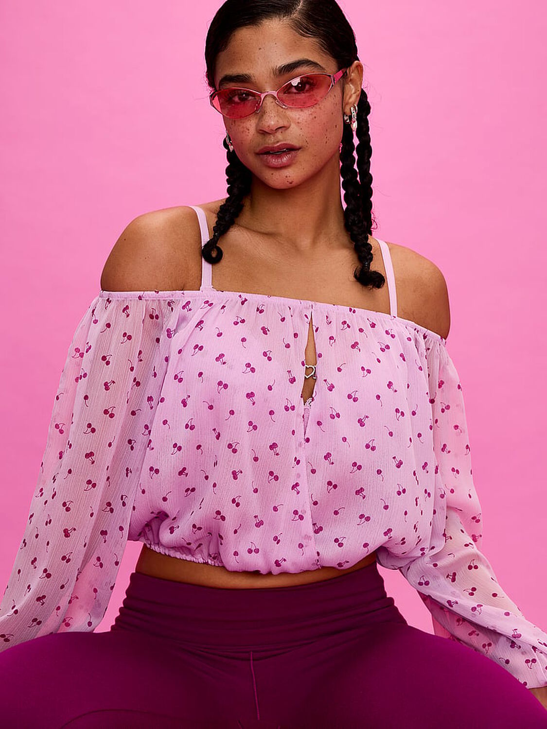 vs Pink Chiffon Long-Sleeve Off-The-Shoulder Top Cherry Print 4 of 4 