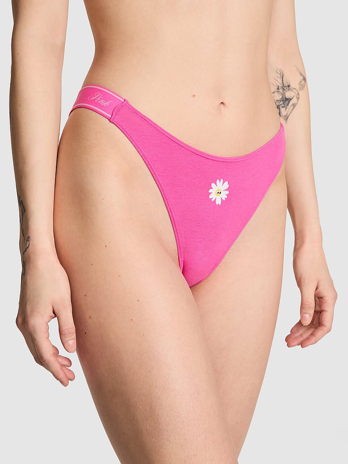 vs Pink Logo Cotton Shine High-Leg Thong Panty Pink Gossip Daisy Graphic 1 of 3 