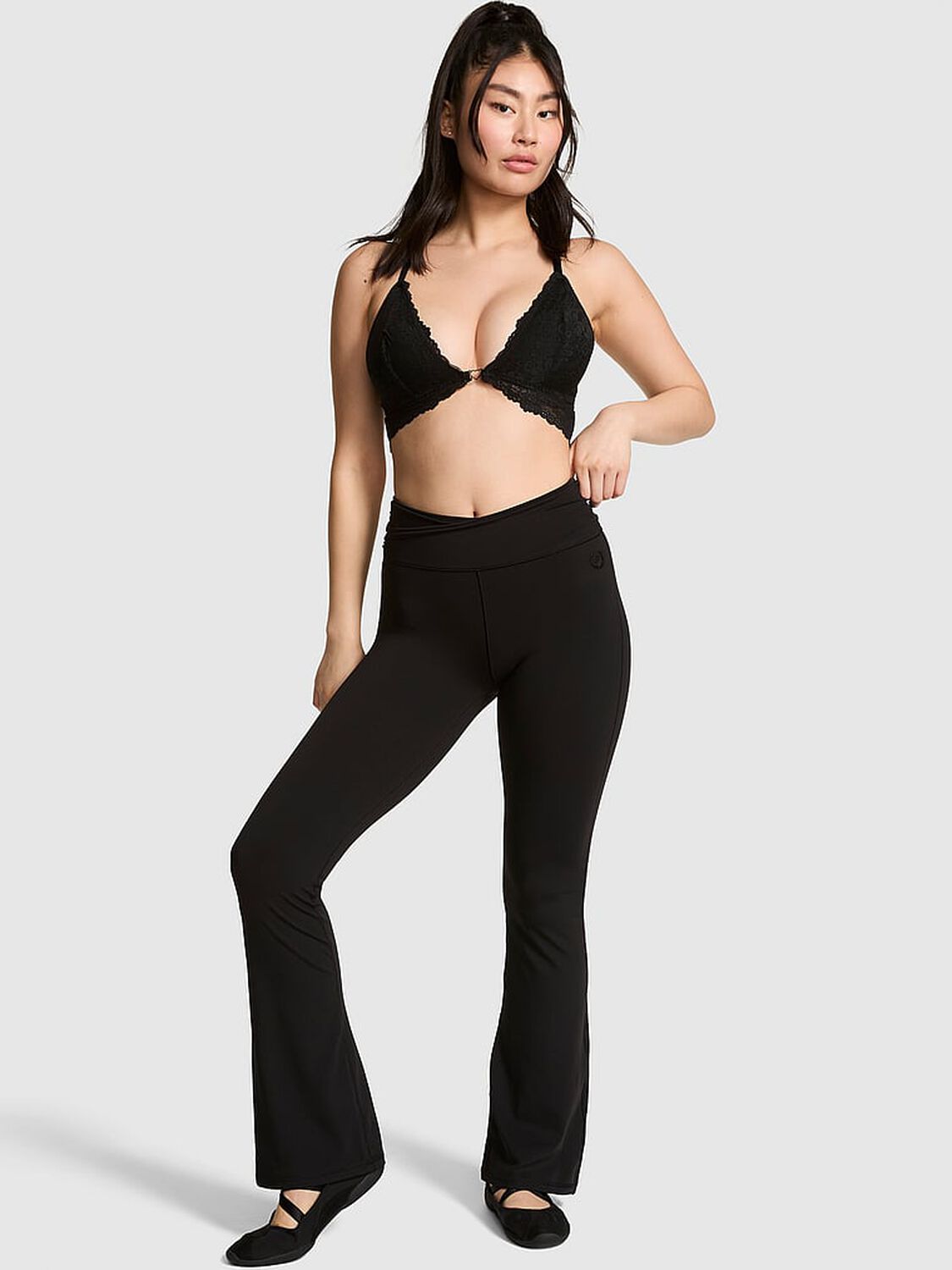 vs Pink PINK Relay&trade; Overlap-Band Flare Leggings Black 1 of 3 