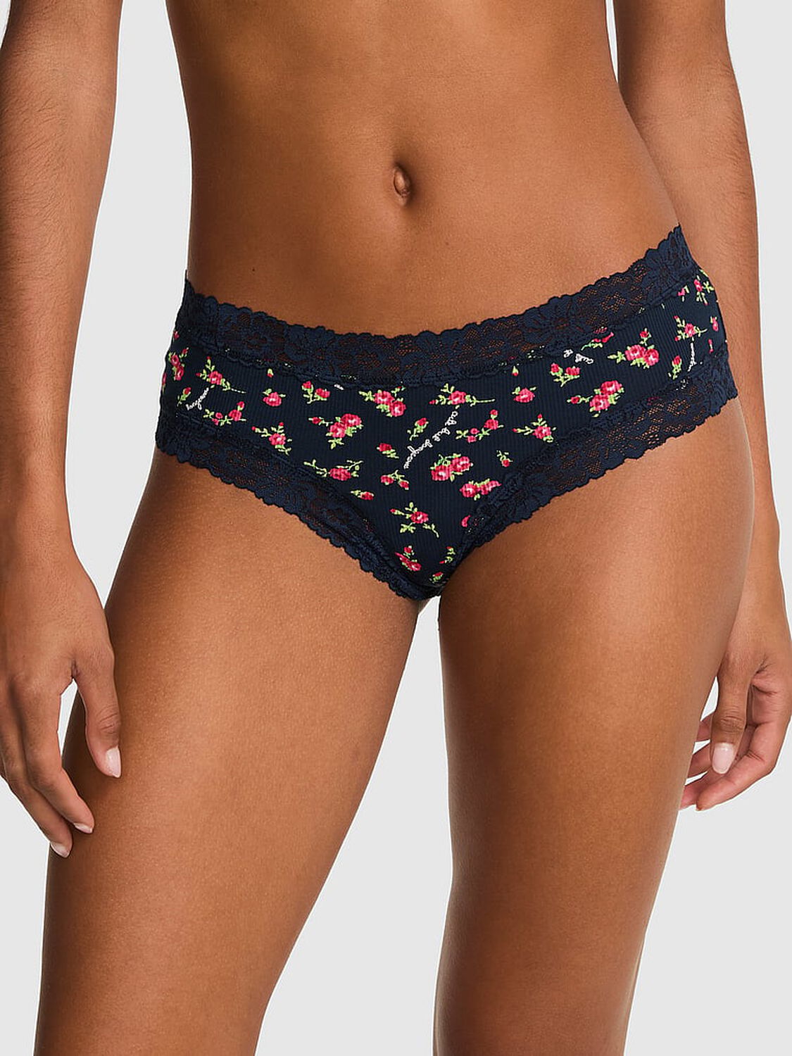 vs Pink PINK Wink&trade; Lace-Trim Cotton Cheeky Panty Noir Navy Cute But Dangerous Print 1 of 3 