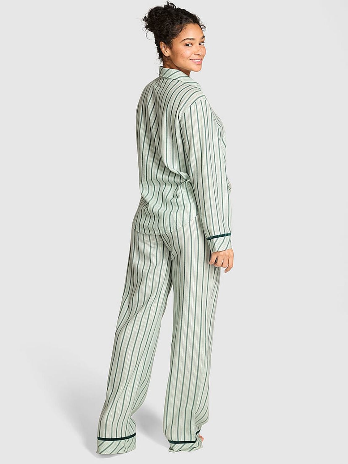 pink Pink Flannel Long Pajama Set Deep Forest/Mint Stripes 2 of 2 