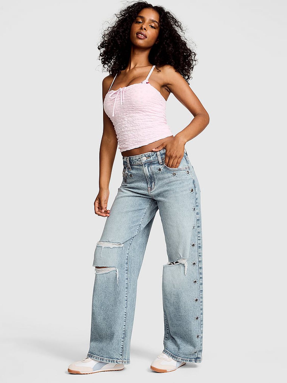 vs Pink Denim by PINK Mid-Rise Baggy Wide-Leg Jeans Medium Wash Grommet 1 of 4 
