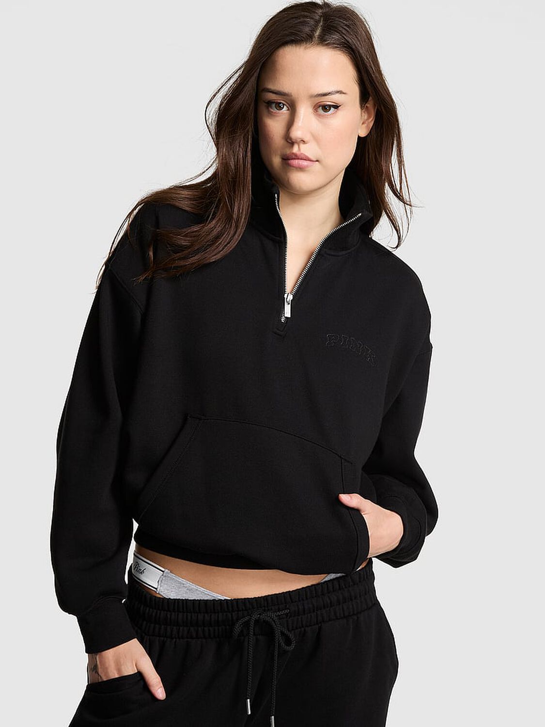 vs Pink Ivy Fleece Quarter-Zip Sweatshirt Pure Black Holiday 1 of 3 