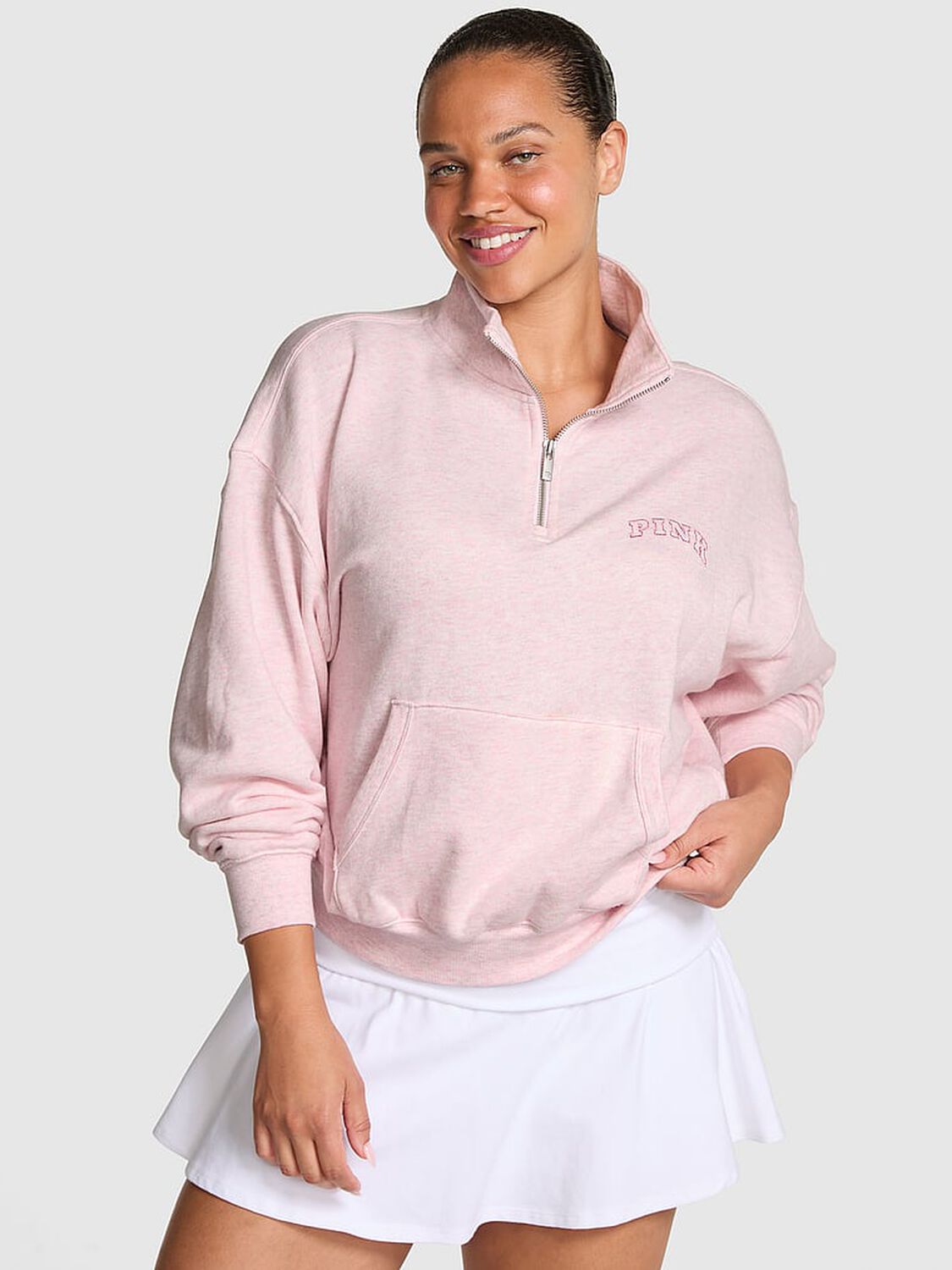 vs Pink Ivy Fleece Quarter-Zip Sweatshirt Heathered Pink Petal Woven Shine 1 of 2 