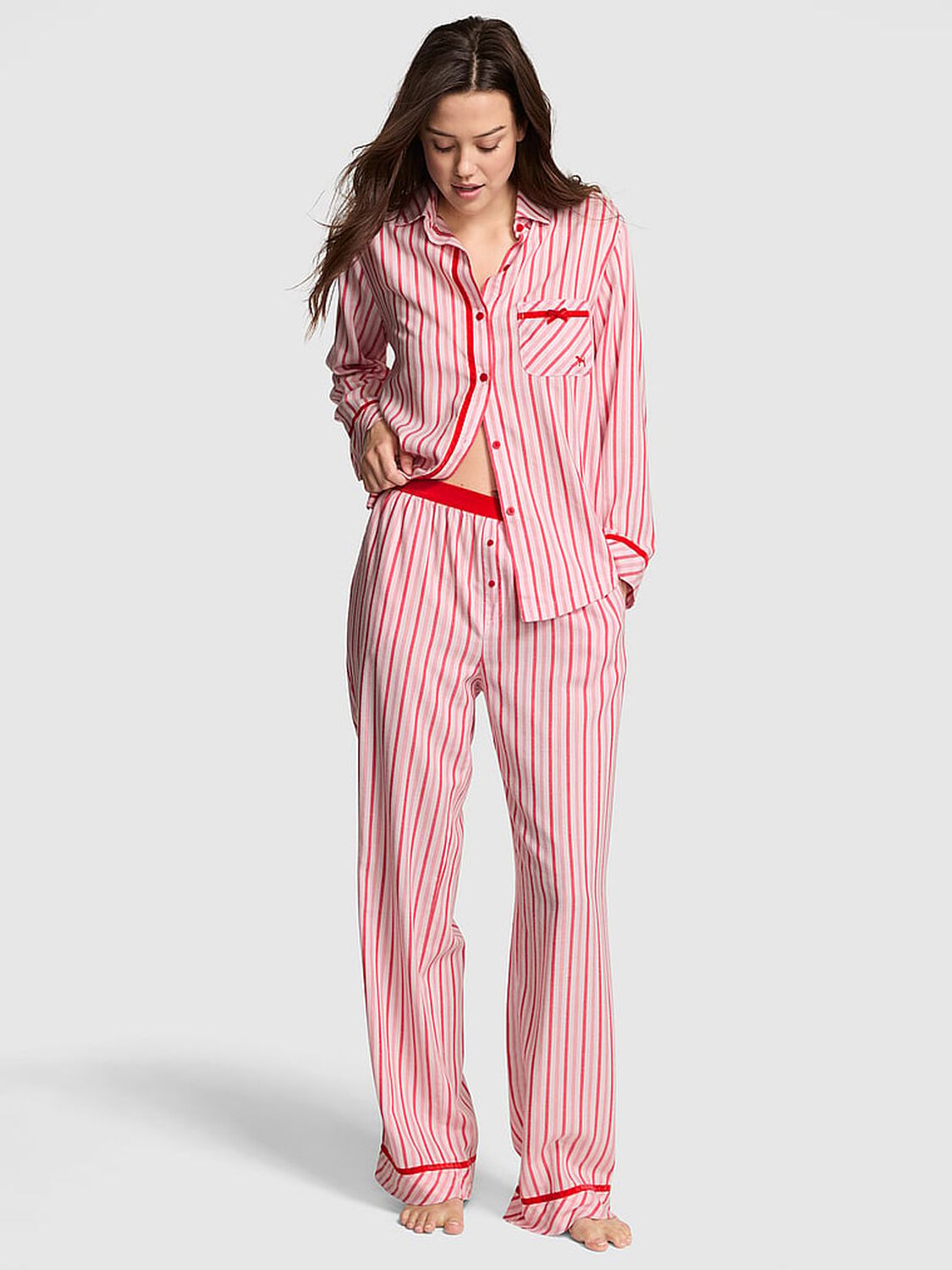 vs Pink Flannel Long Pajama Set Dollhouse/ Bright Vermillion Stripes 1 of 2 