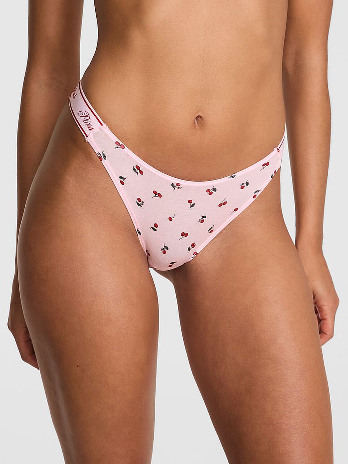 vs Pink Logo Cotton Shine High-Leg Thong Panty Pink Tulip Cherry Print 1 of 3 