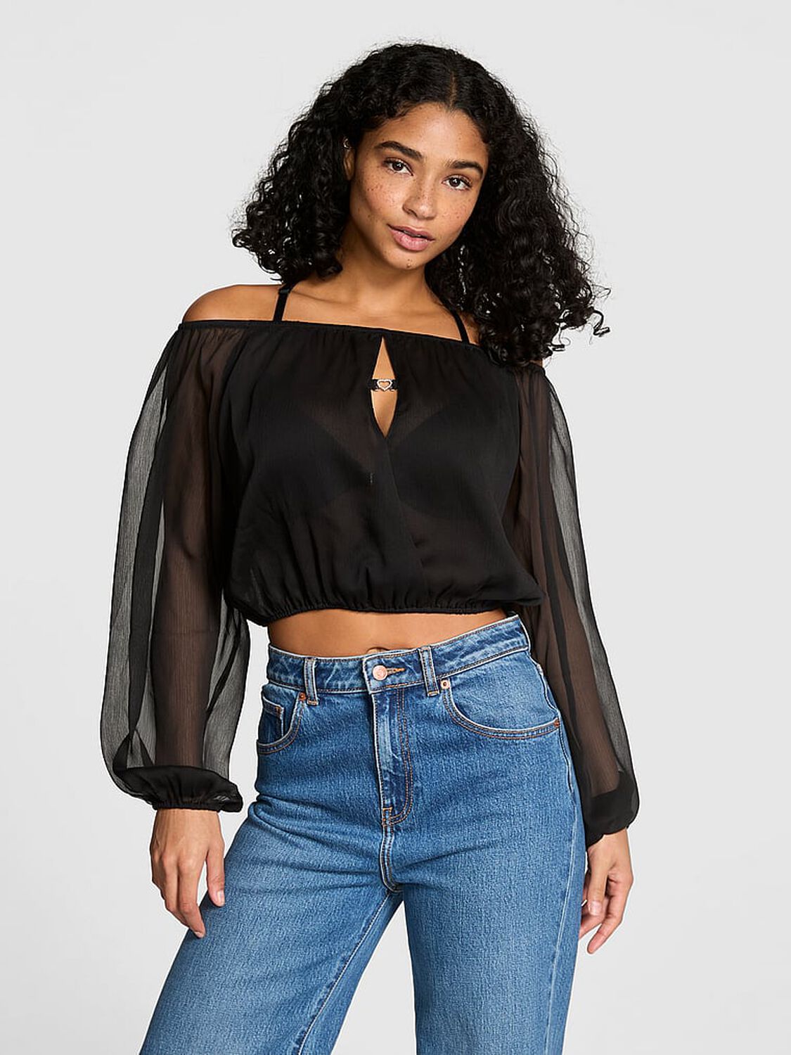 vs Pink Chiffon Long-Sleeve Off-The-Shoulder Top Pure Black 1 of 3 