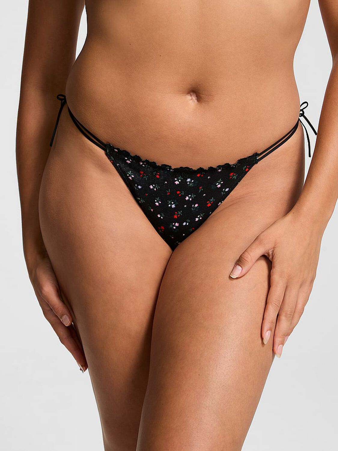vs Pink Cotton Side-Tie V-String Panty Pure Black Floral Print 1 of 3 