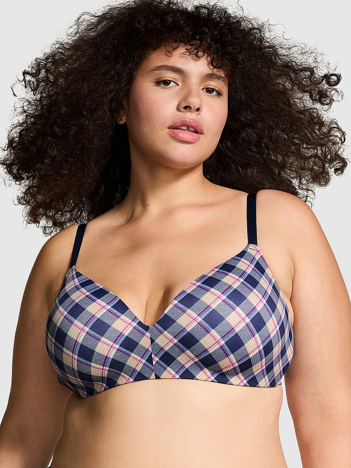vs Pink Wear Everywhere Wear Everywhere Lightly Lined Wireless Bra Navy Plaid Print 1 of 3 