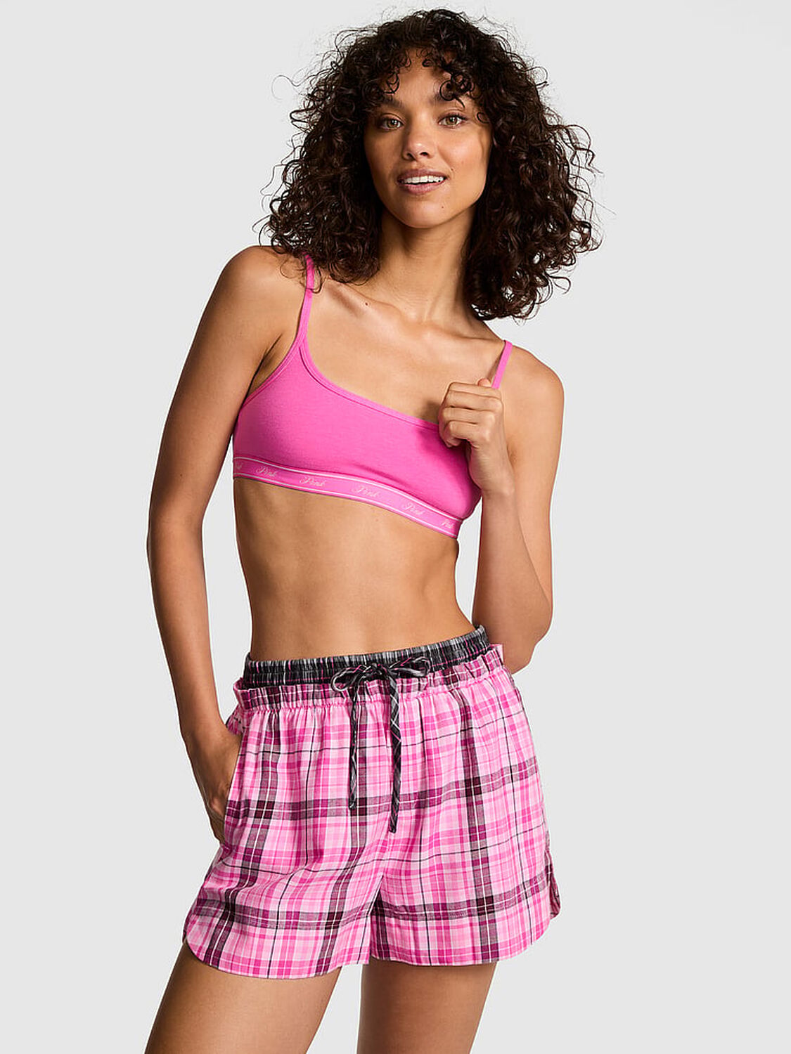 vs Pink Boyfriend Flannel Boxer Pajama Shorts Pink Lollipop Plaid 1 of 3 