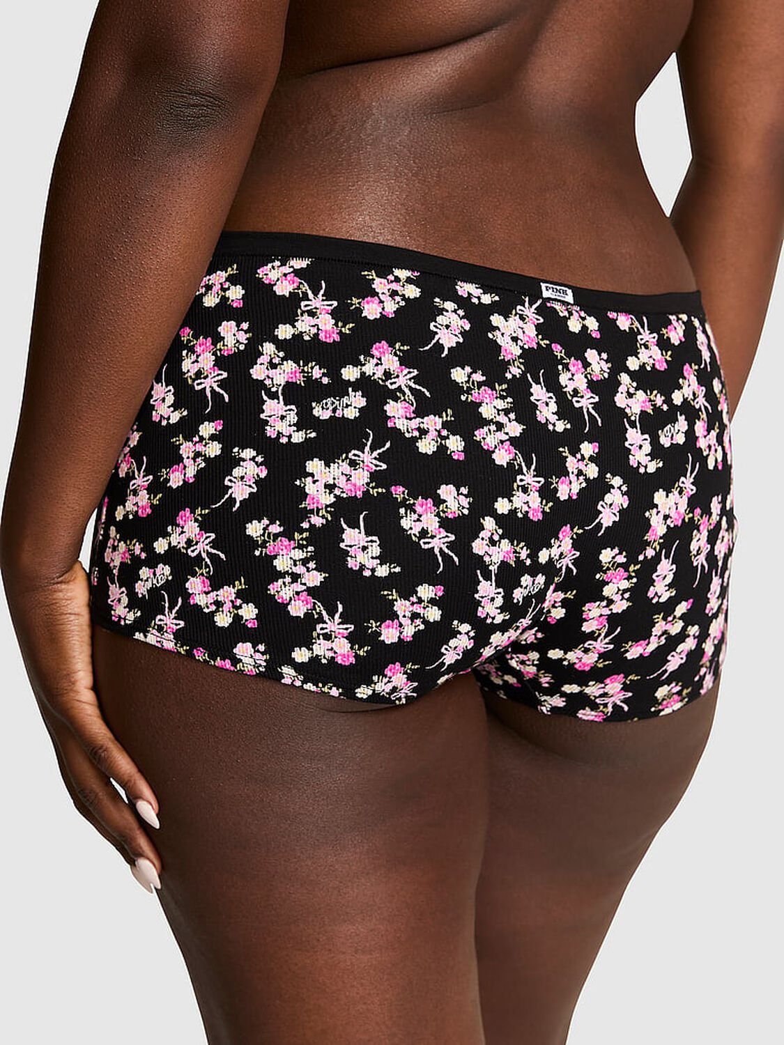 vs Pink Cotton Dorm Boyshort Panty Black Floral Bow 2 of 3 