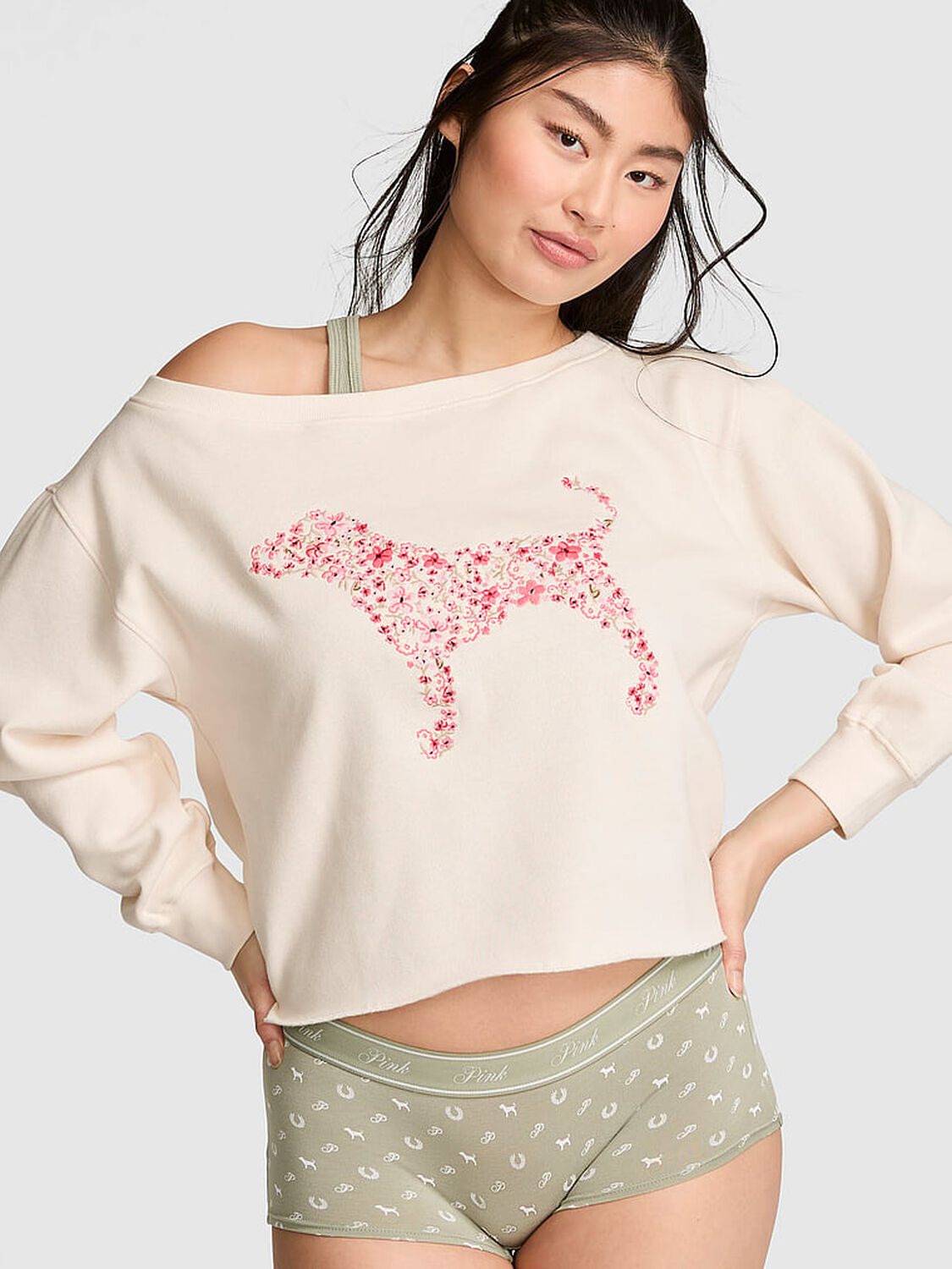 vs Pink Campus Fleece&trade; Rib Off-The-Shoulder Sweatshirt Winter White 1 of 3 