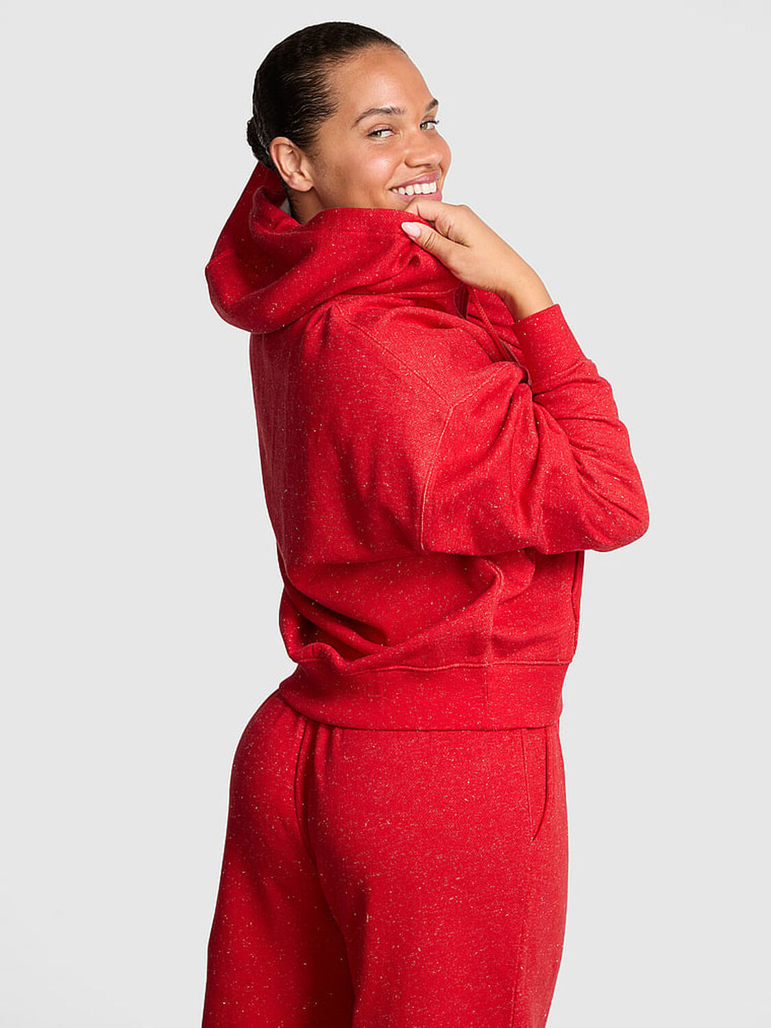 vs Pink Ivy Fleece Campus Half-Zip Hoodie Heathered Bright Vermillion Woven Shine 2 of 3 