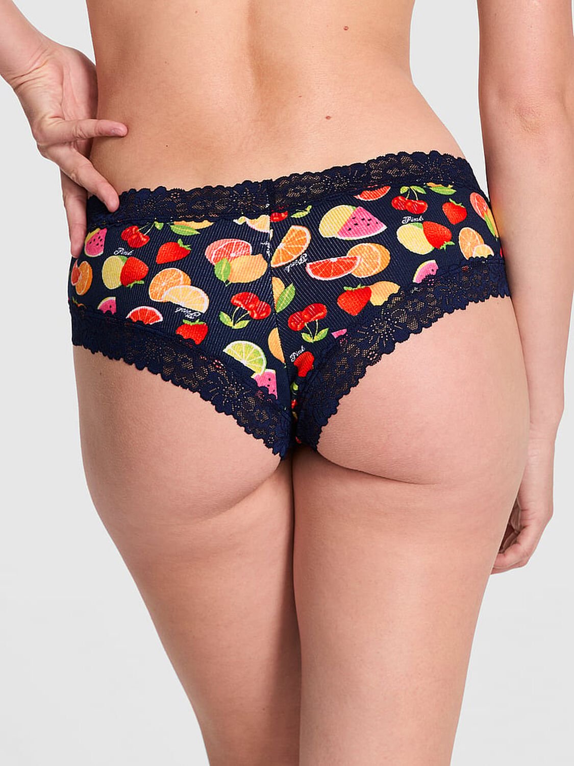 vs Pink Wink Lace-Trim Cheeky Panty Noir Navy Blue Fruit Print 1 of 2 