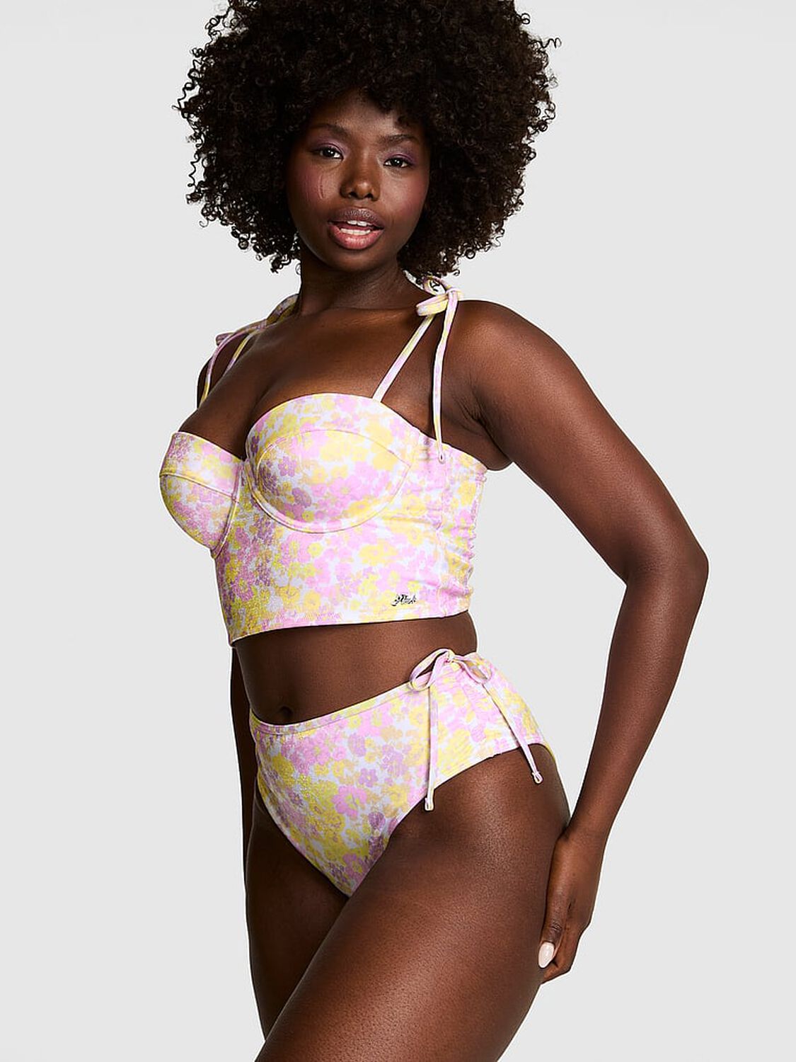 vs Pink Swim Bow-Strap Push-Up Tankini Top Layered Floral 1 of 3 