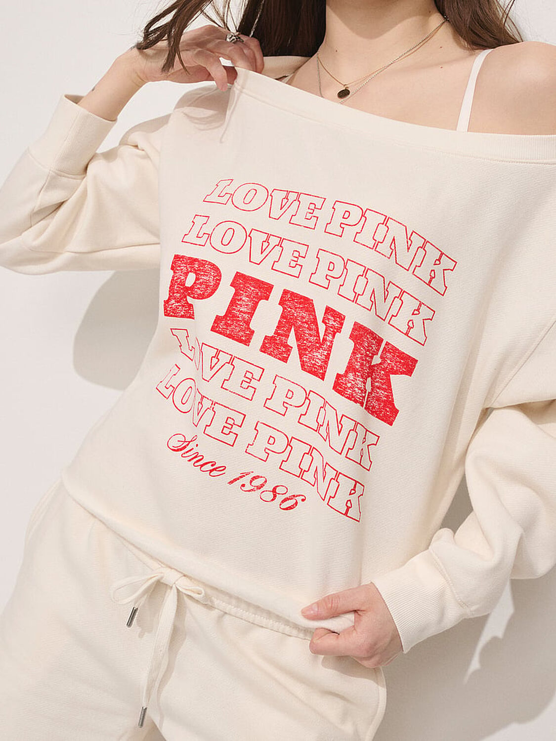 vs Pink Campus Fleece&trade; Rib Off-The-Shoulder Sweatshirt Winter White 4 of 4 