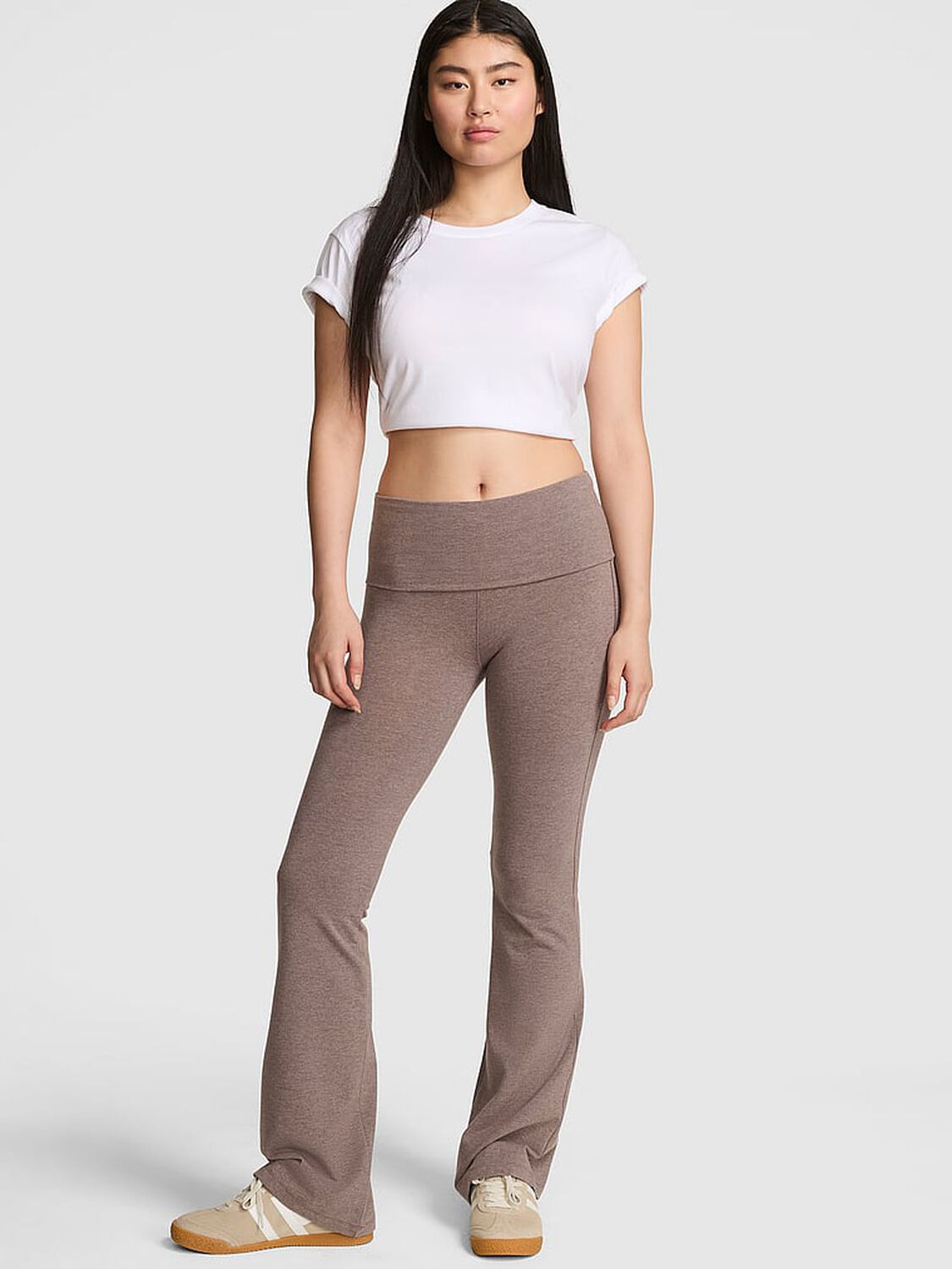 vs Pink All-Day Cotton Foldover Flare Leggings Cocoa Heather Blush Bling 1 of 3 
