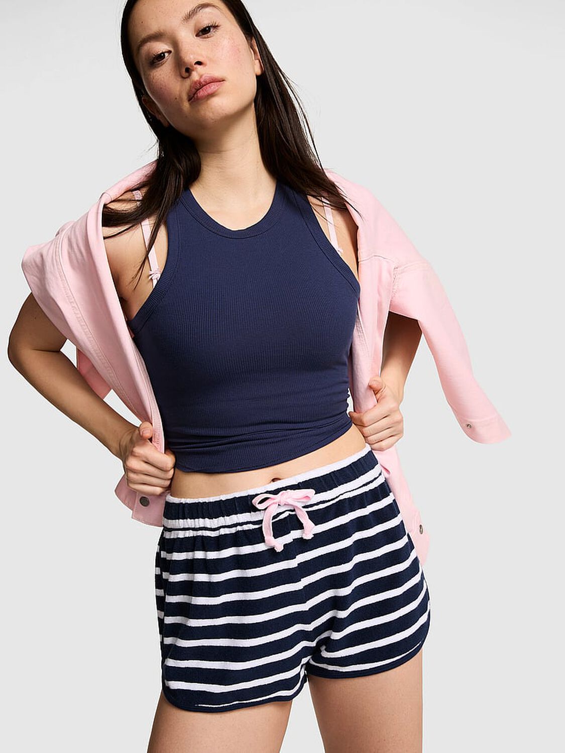 pink Pink Terry Cover-Up Shorts Noir Navy Stripe 1 of 4 