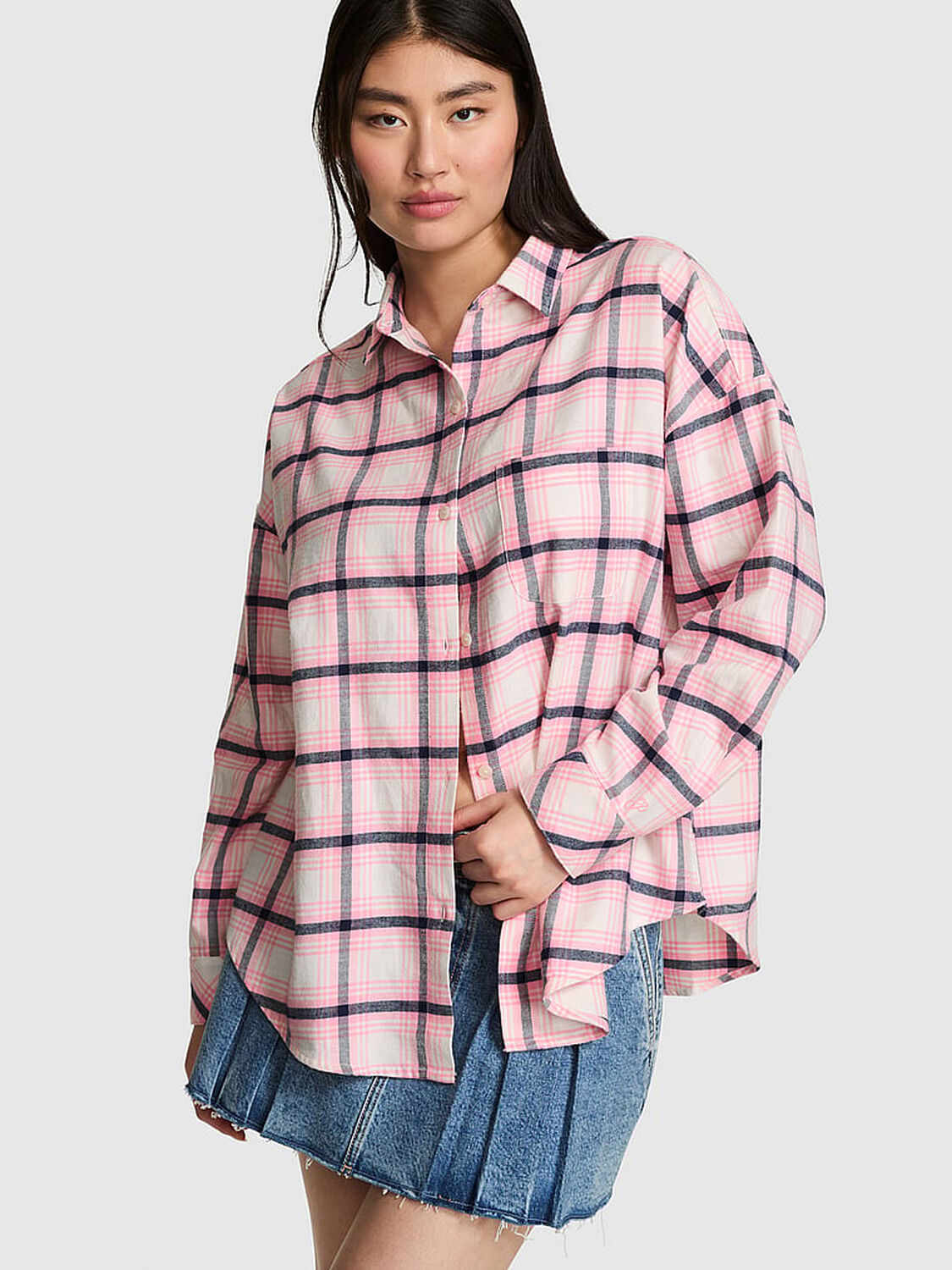 vs Pink 100% Cotton Favorite Flannel Button-Down Sleepshirt Cozy White, Black, And Pink Plaid 1 of 3 