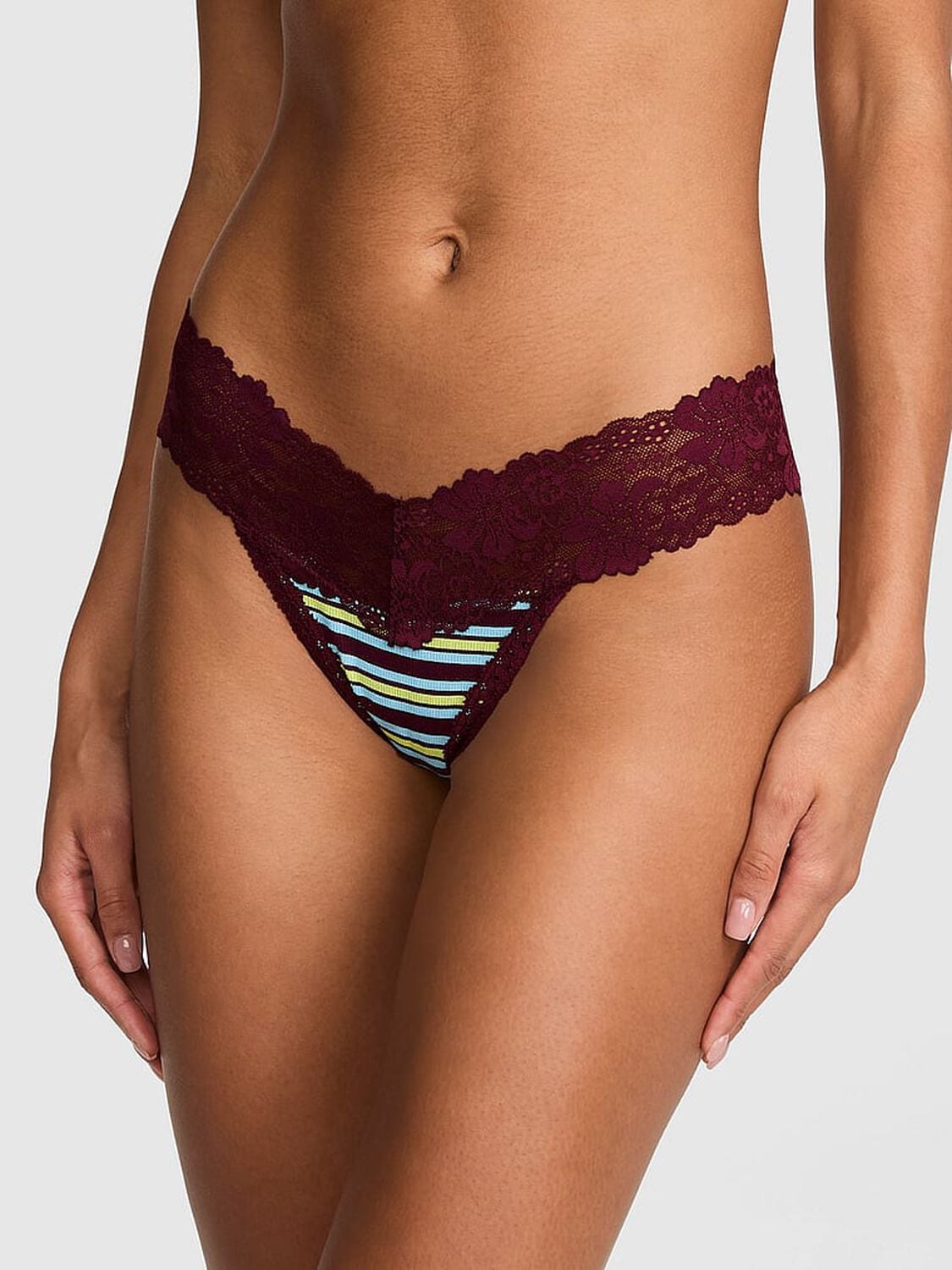 vs Pink PINK Wink&trade; Lace-Trim Thong Panty Wild Rose Stripe 1 of 3 