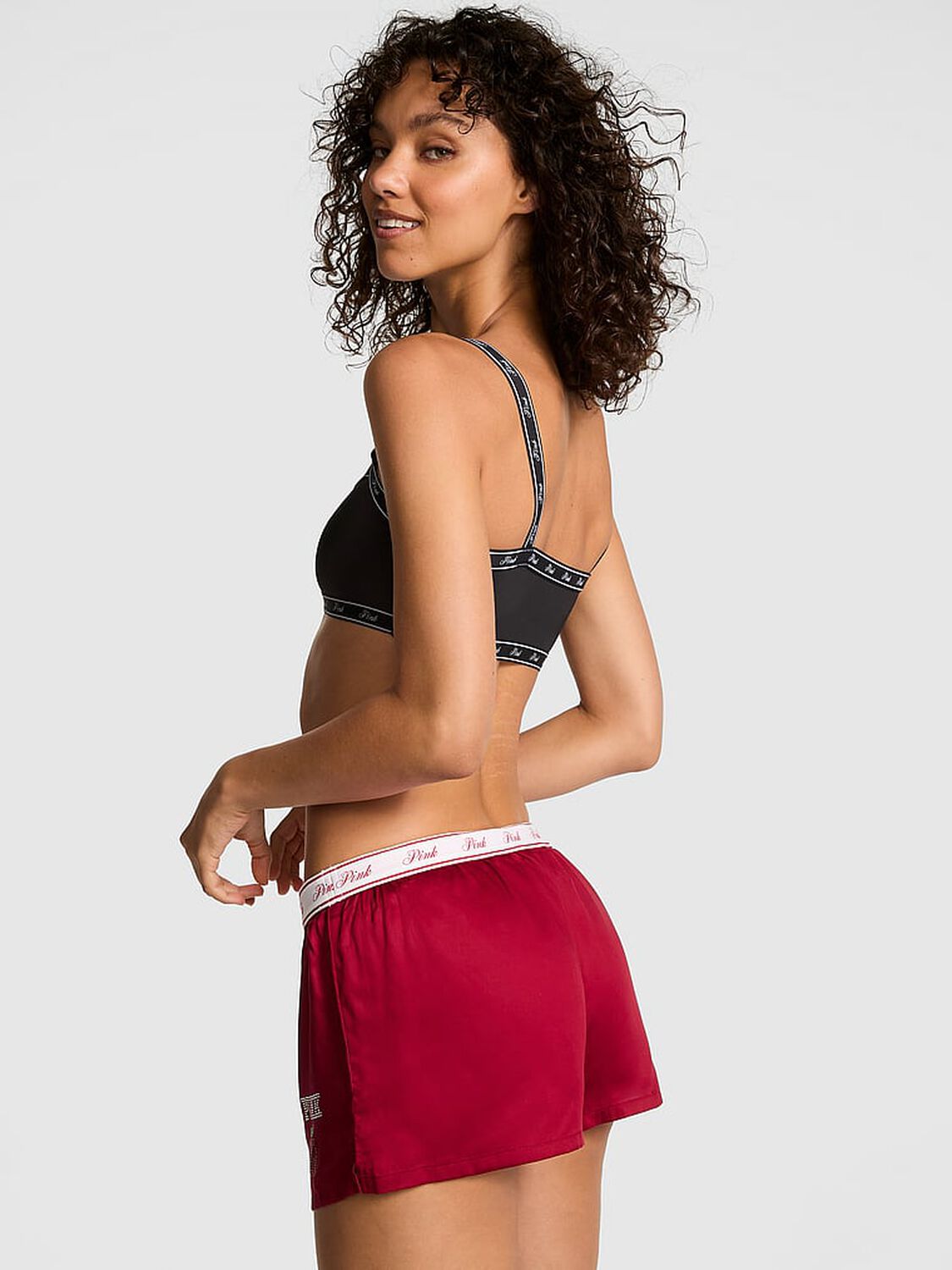 vs Pink Silky Sleep Boxy Pajama Shorts Red Lacquer W/ Apple Graphic 2 of 4 