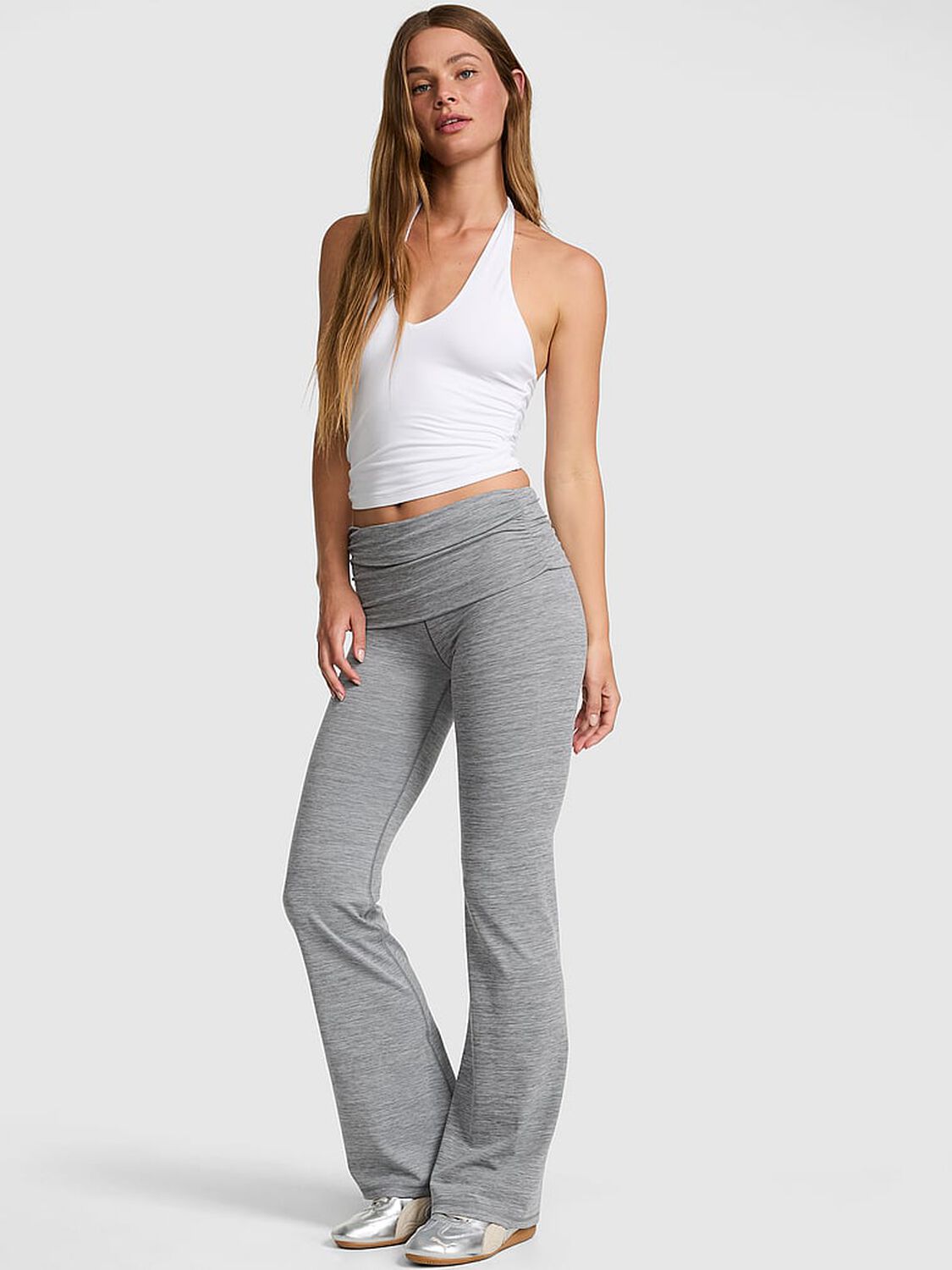 pink Pink PINK Relay&trade; Ruched Foldover Flare Leggings Grey Marl 1 of 2 