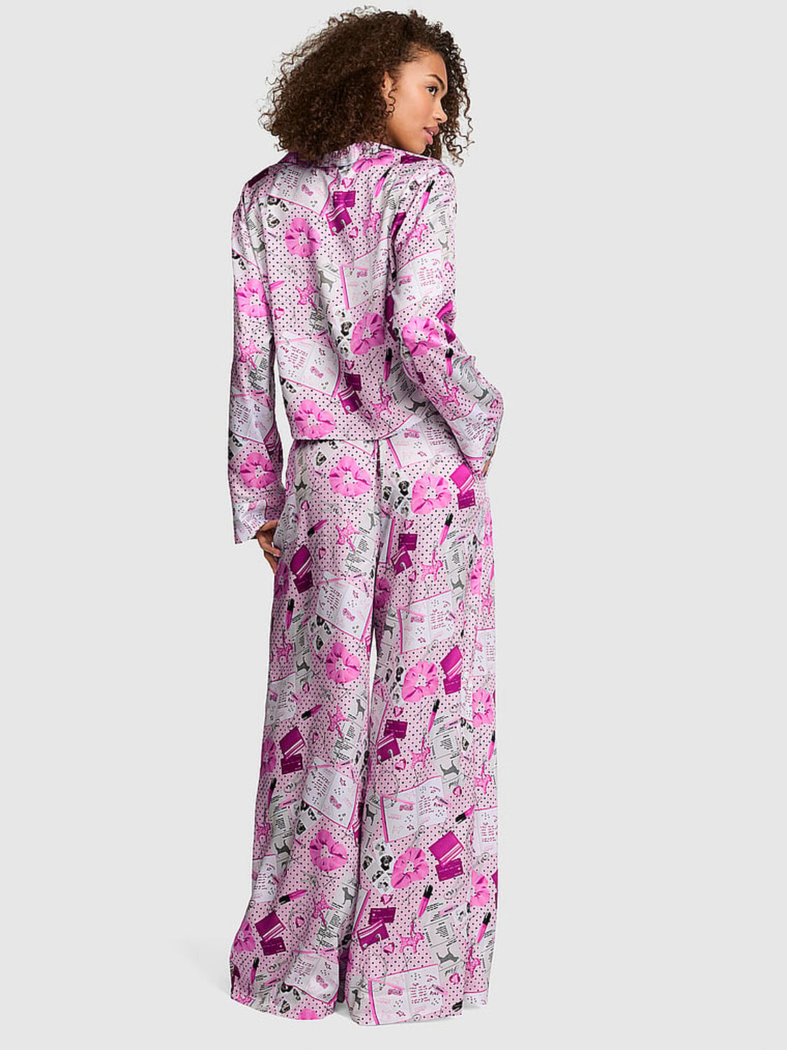 vs Pink GRWPINK&trade; Satin Flyaway Long-Sleeve & Pants Pajama Set Pink Tulip Iconic Makeup 2 of 3 