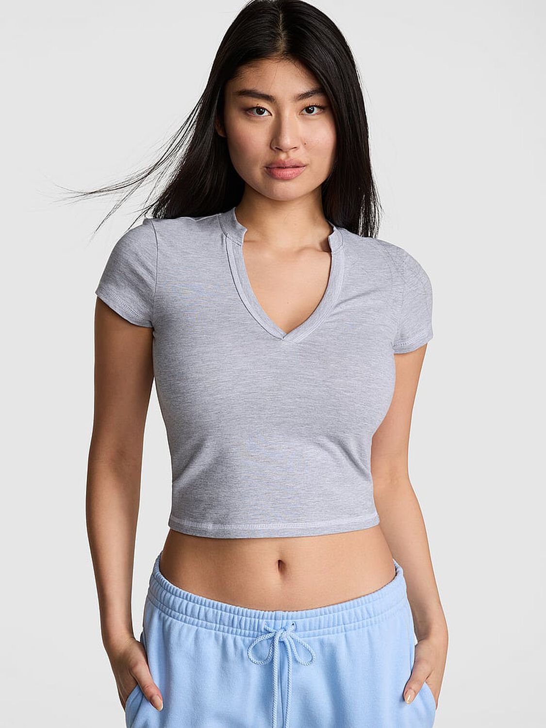 vs Pink All-Day Cotton Plunge Cropped Top Medium Heather Grey 3 of 3 