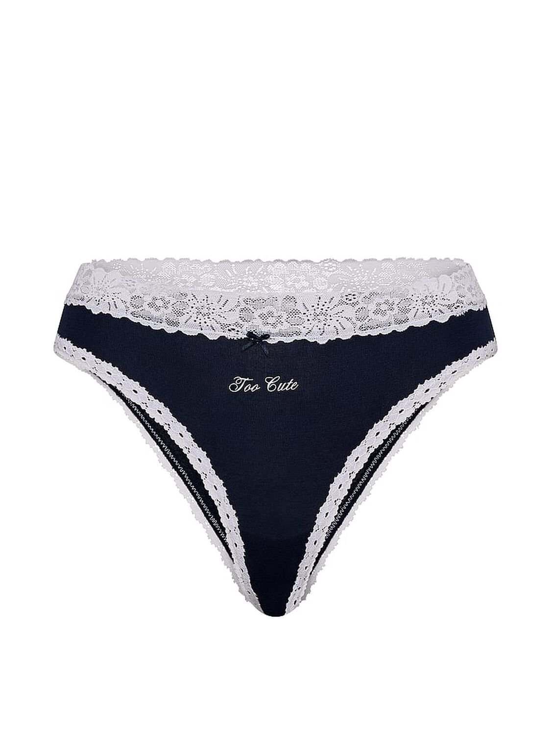 vs Pink Cotton Lace-Trim Cheeky Panty Noir Navy With White Lace And Too Cute Graphic 3 of 3 