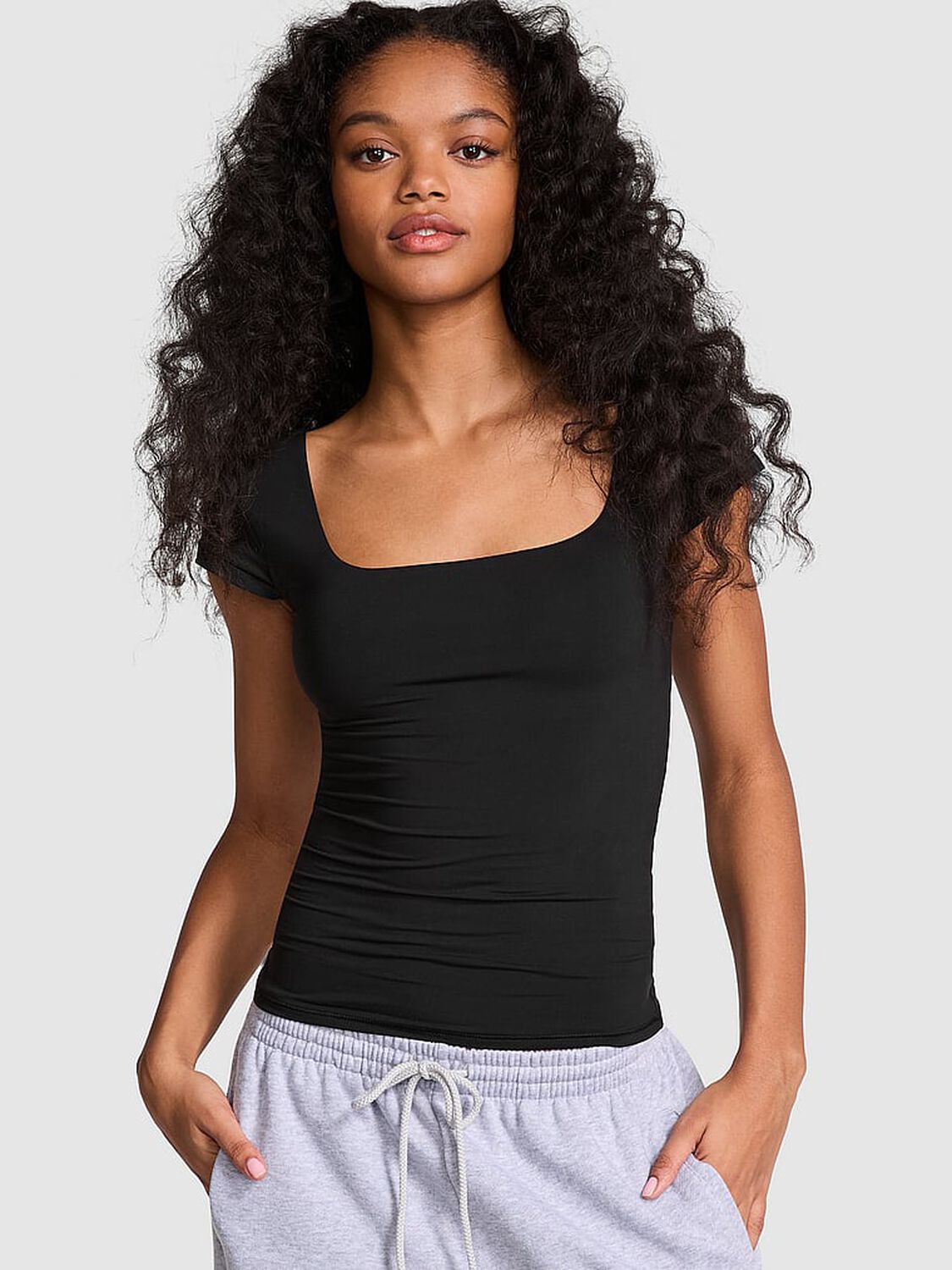 vs Pink Base Stretch Cap-Sleeve Tee Pure Black 1 of 3 