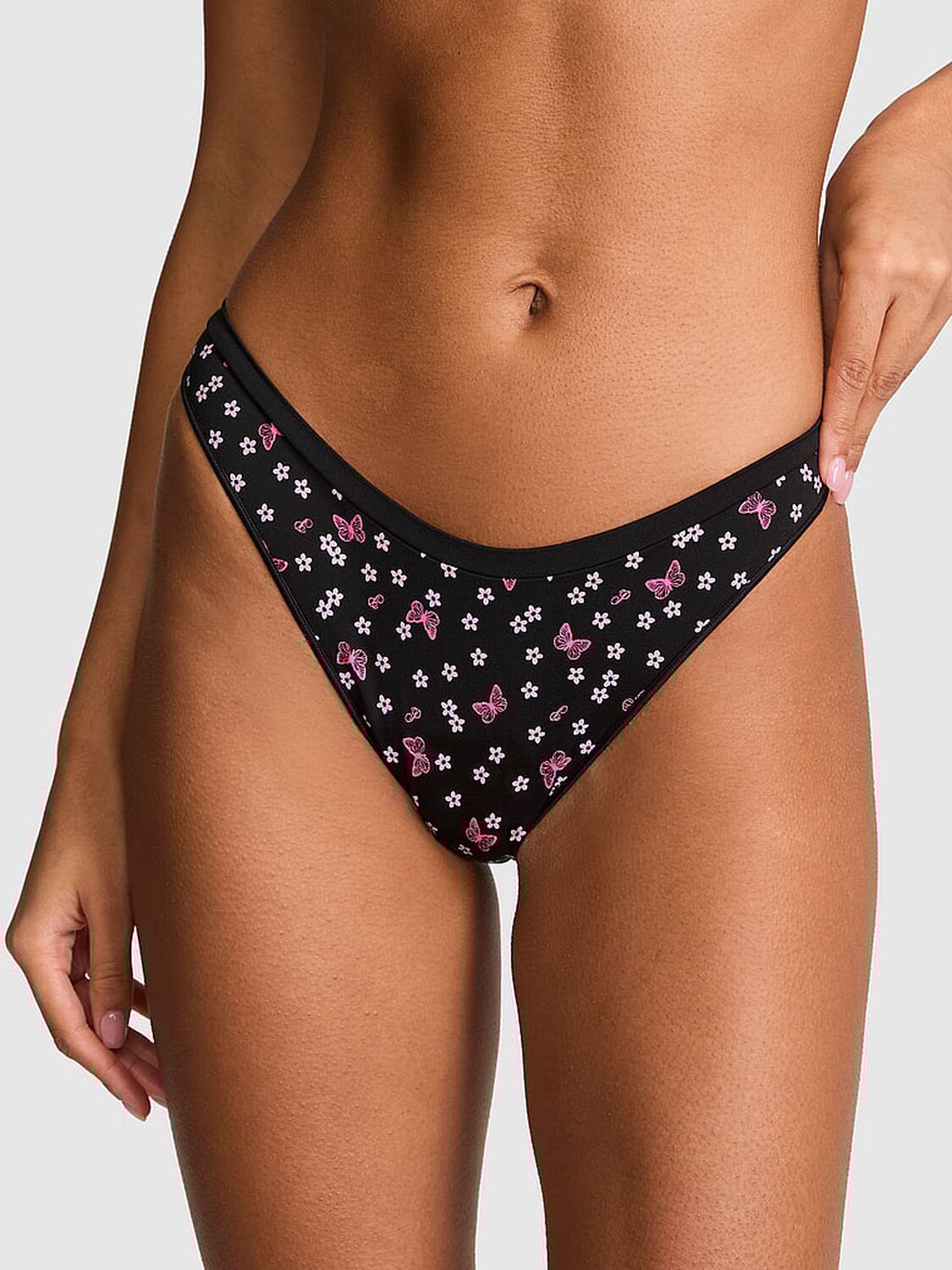vs Pink Seamless High-Leg Thong Panty Black Butterfly Hibiscus Print 1 of 3 